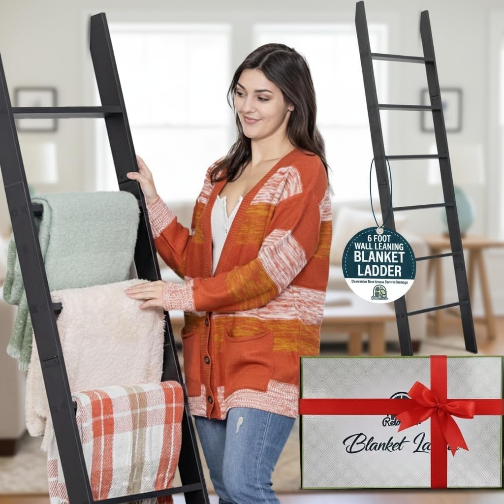 Elegant 6-Tier Blanket Ladder 5ft 8in – Rustic Farmhouse Decor Organizer