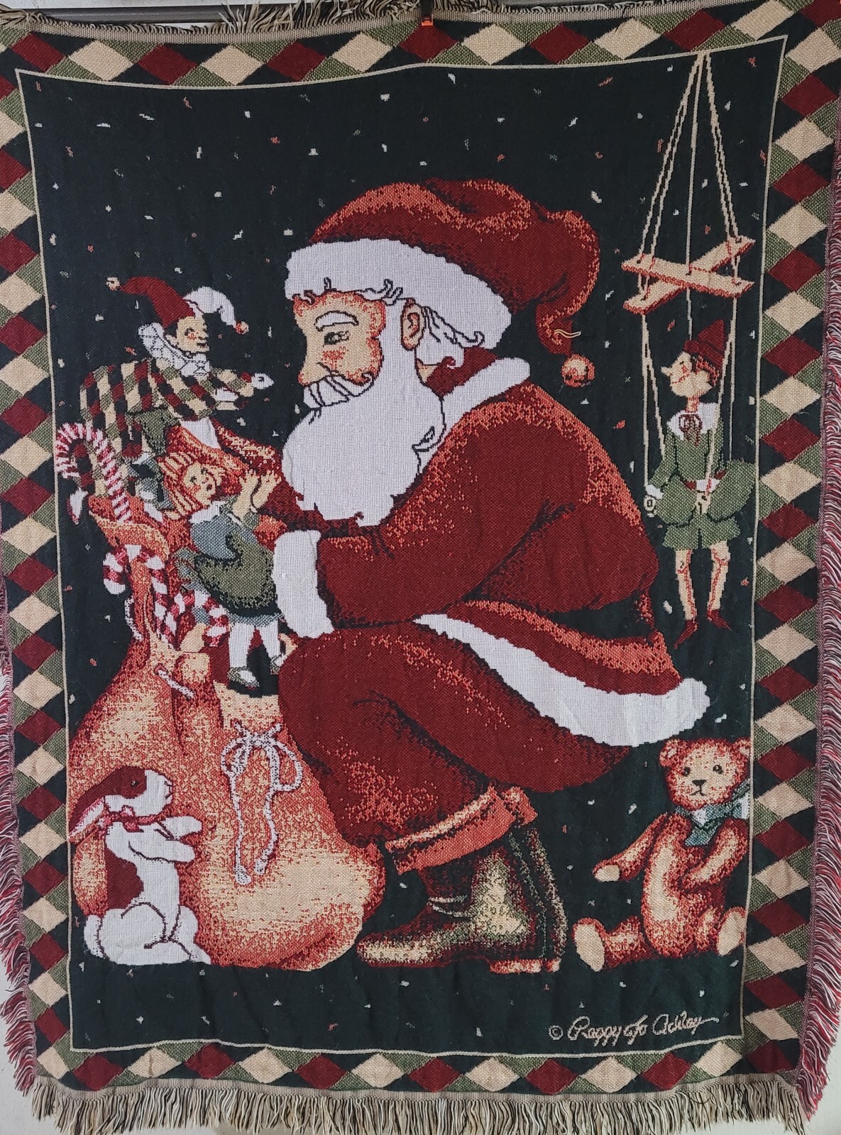 Peggy Jo Ackley Santa Christmas Blanket Throw Afghan Toy Bag Doll Bear 45&Prime; x 59&Prime;
