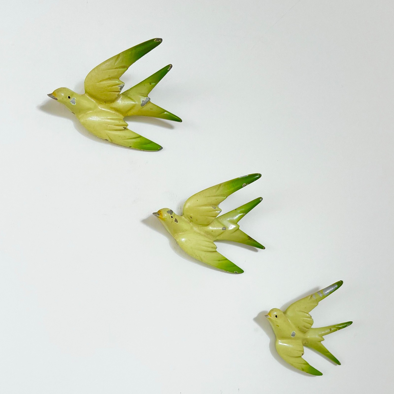Vintage Set of 3 Flying Birds Cast Metal Green Painted Swallows Swifts art deco