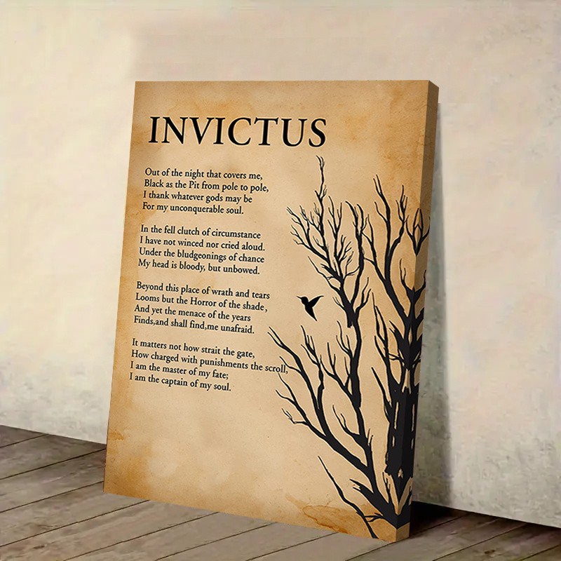 Invictus Poem Vintage Paper Framed Canvas, Tree Bird Minimal Inspirational Wall