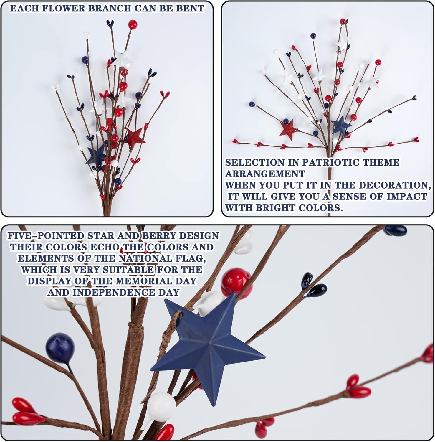 4 Pack Patriotic Artificial Berry Stem Picks – Festive Red, White & Blue Decor