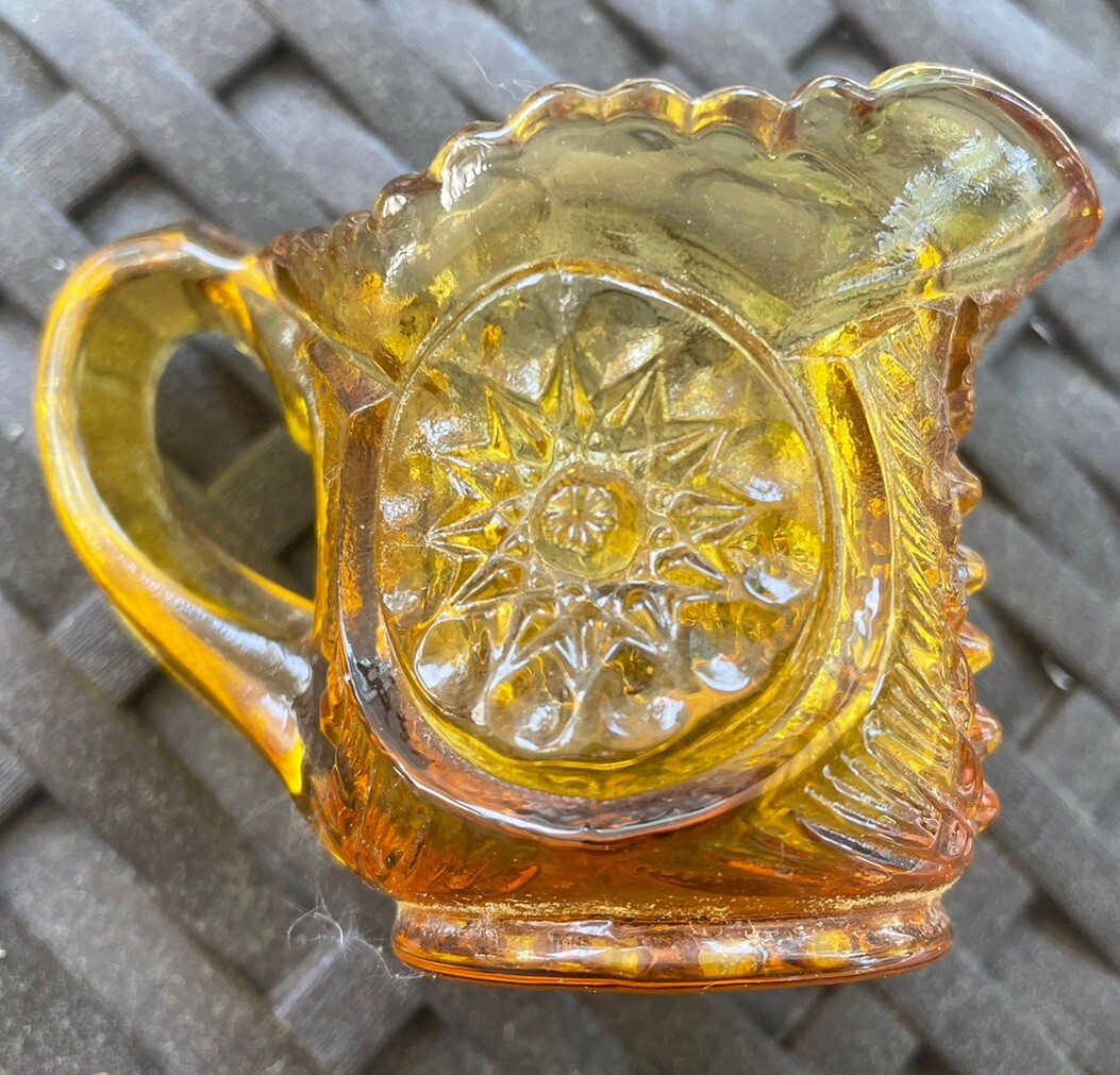 Vintage MINIATURE Kemple Wheaton Pressed AMBER Glass Pitcher – 2 inch Tall