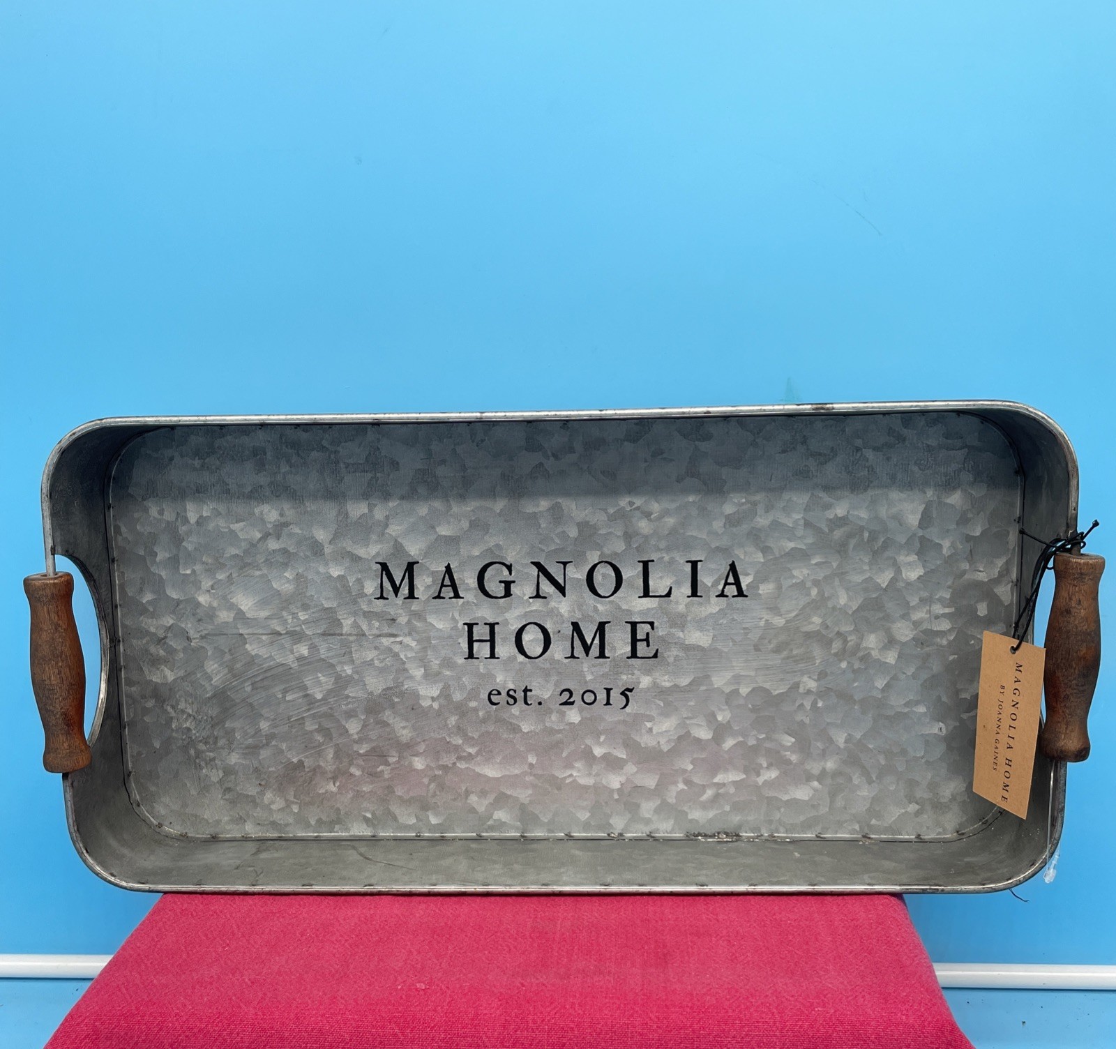Magnolia Home Galvanized Metal Tray Wood Handles Farmhouse Decor