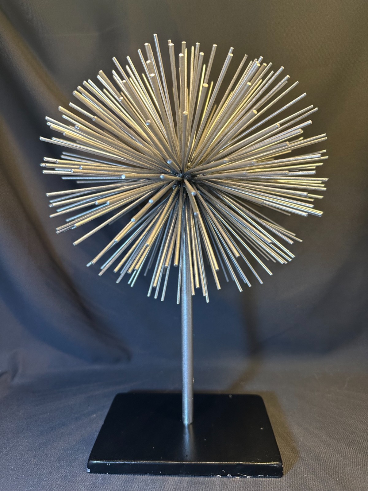 Metal Atomic Silver Starburst Orb Sea Urchin Sculpture On Stand 9 in. Diameter