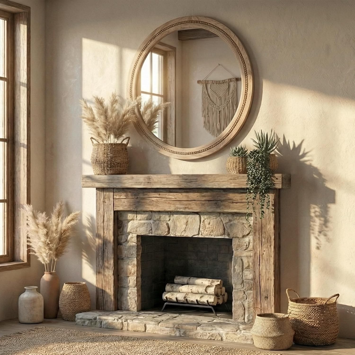 30&Prime; Round Solid Wood Mirror, Handcrafted Beaded Circle for Bathroom Vanity