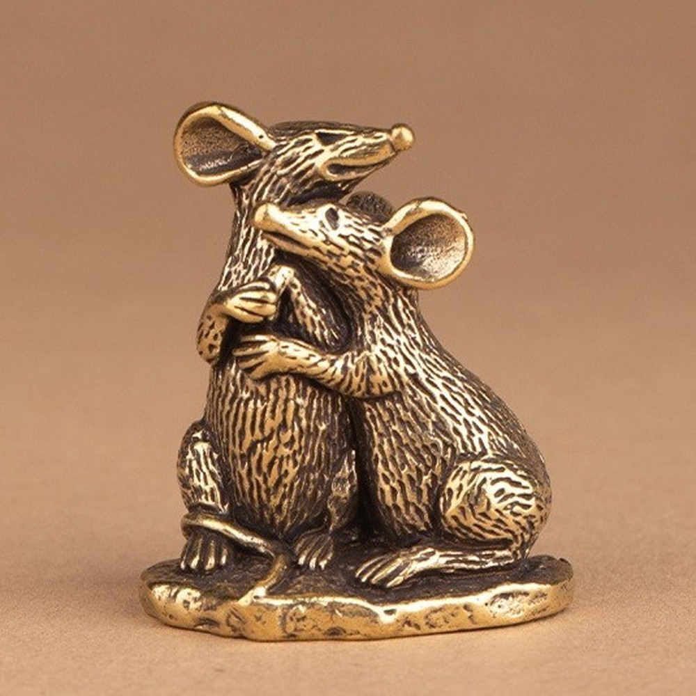 Brass Couple Mouse Animal Statue Small Sculpture Tabletop Figurine Decoration