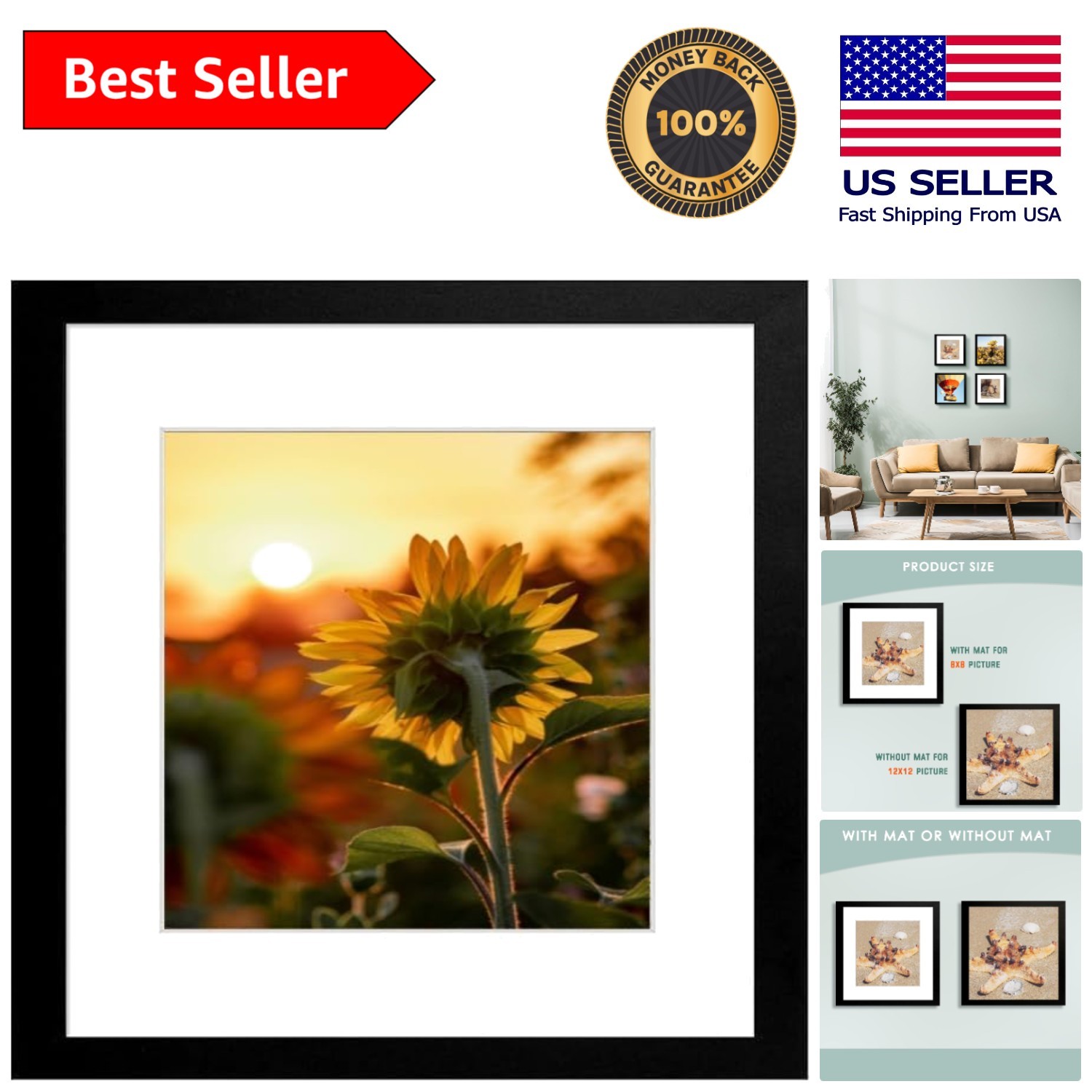 12×12 Matted Picture Frame with Shatter-Resistant Plexiglass – 1 Pack