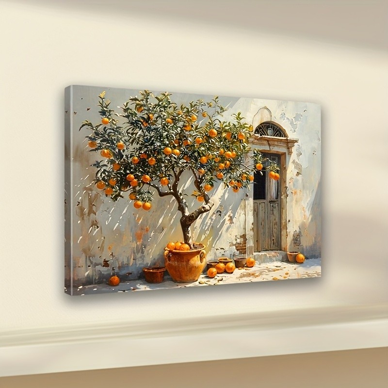 Mediterranean Orange Tree Courtyard Framed Canvas, Warm Neutral Entryway Wall