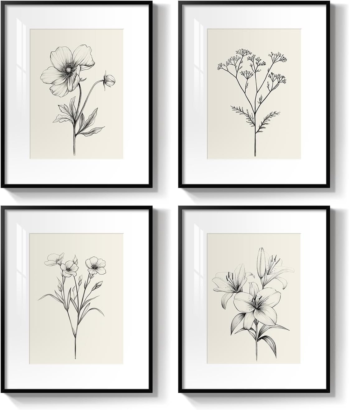 Framed Black & White Botanical Art Set – 4 Minimalist Floral Prints, 8×10 Inch