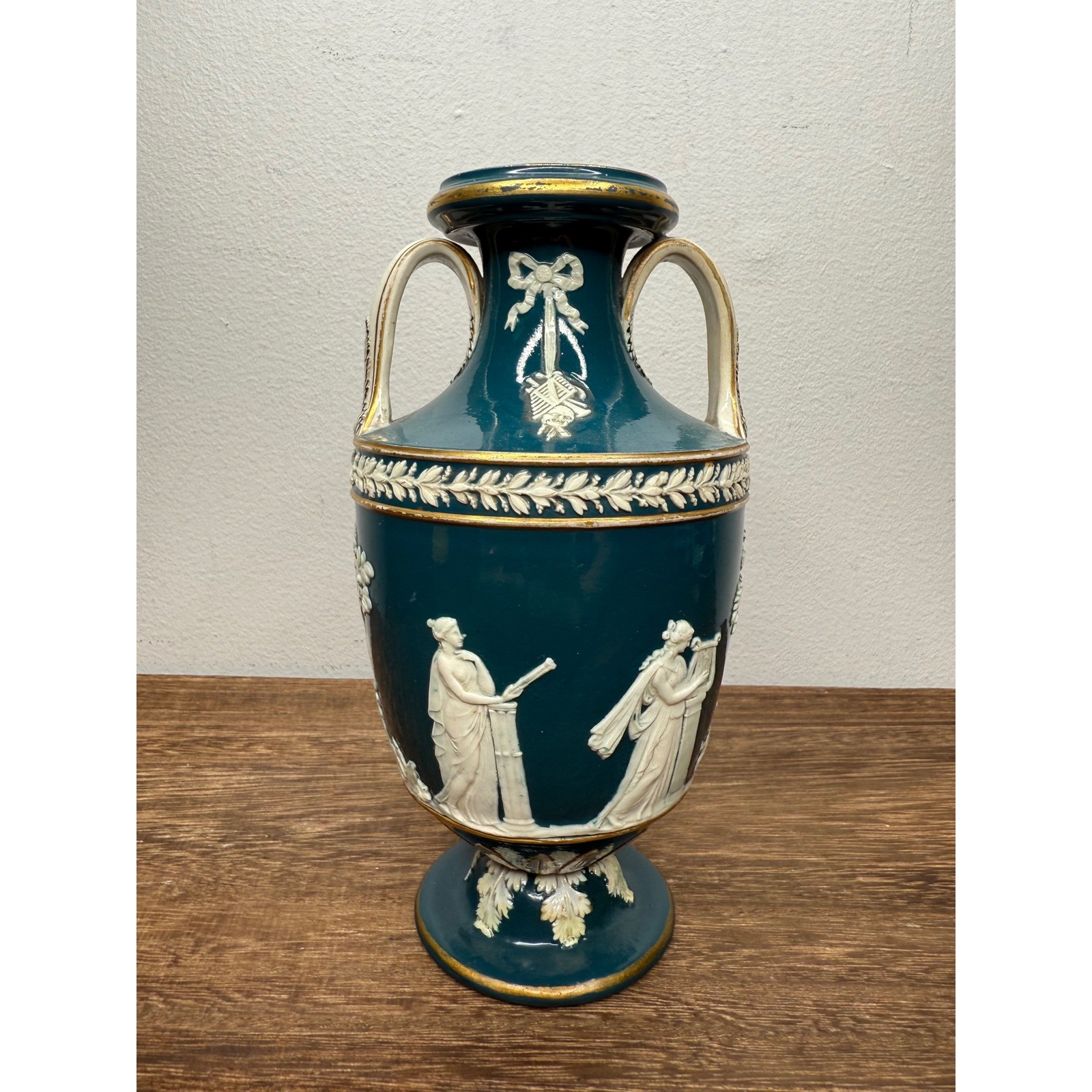 Vintage 1900s Wedwood Teal Ceramic Urn Vase with White Relief Figures Gold Trim