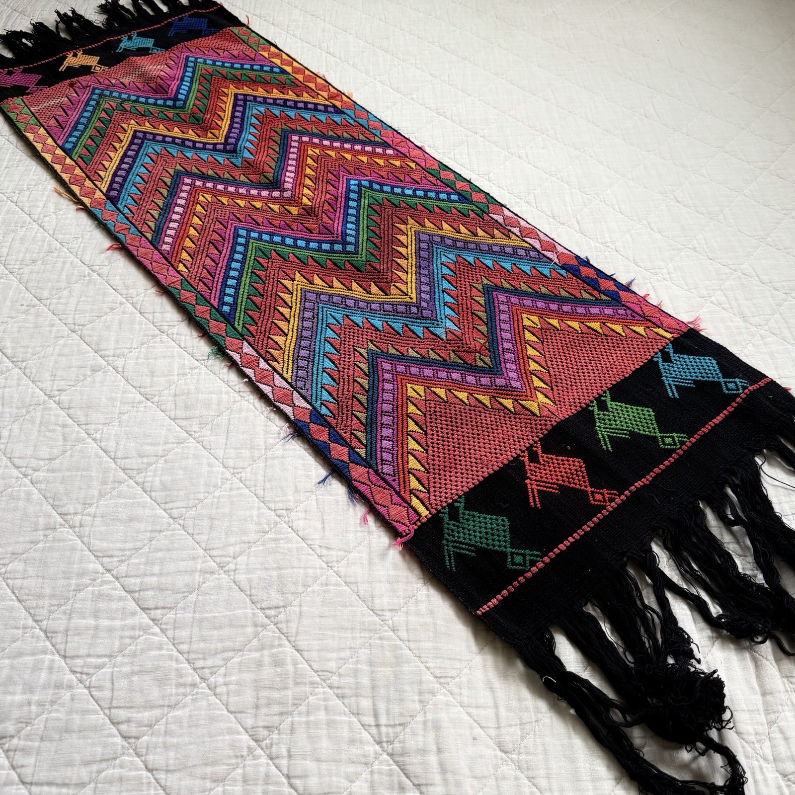 Vintage Handwoven Ethnic Textile Runner Boho Folk Art 16”x 46” Fringed