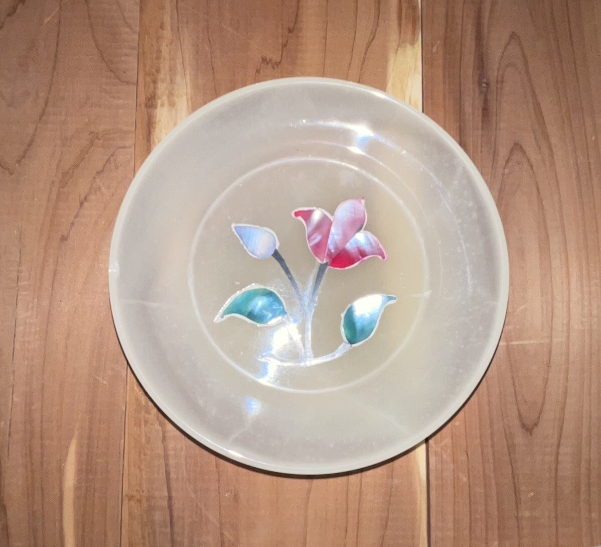 Set Of 3 Gorgeous White calcite & Abalone inlay/Marble inlayed 4” Plates/Dishes