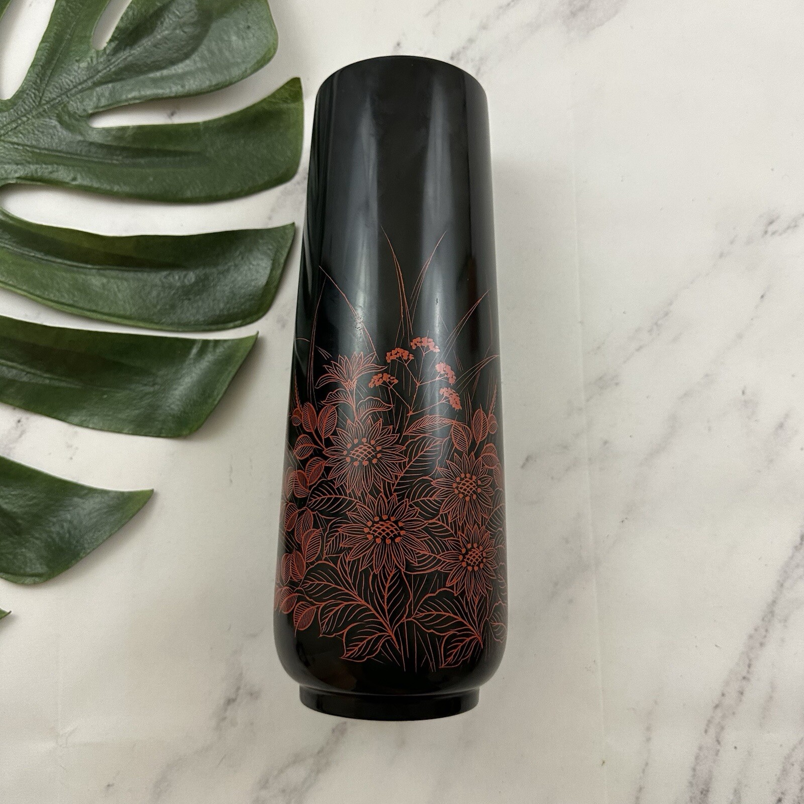 Vintage 80s Lacquer Wood Tall Vase Black Orange Wildflower Floral Home Decor