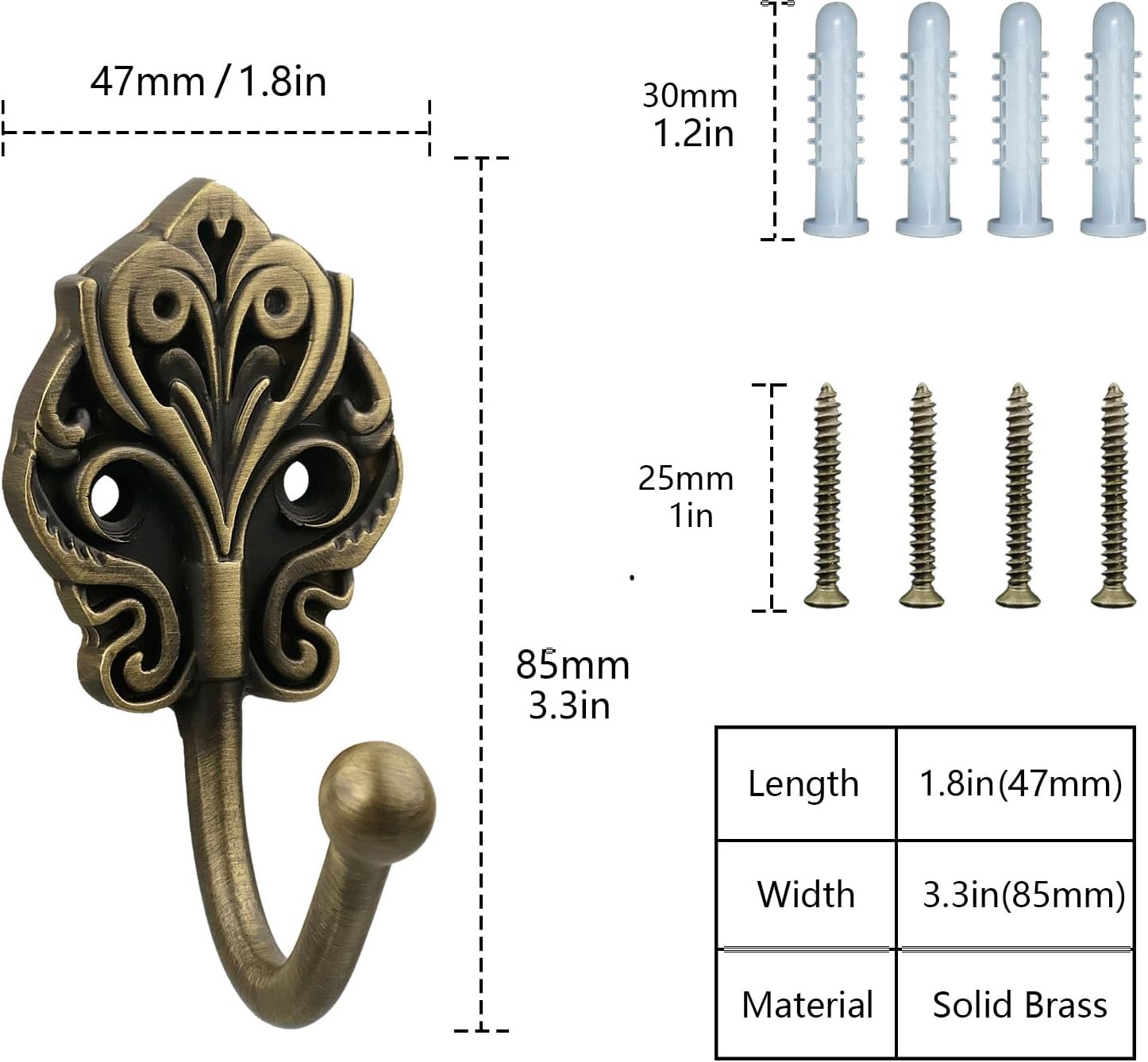 Solid Brass Wall Hooks 2 Pack – Heavy-Duty Decorative Coat Hooks with Antique