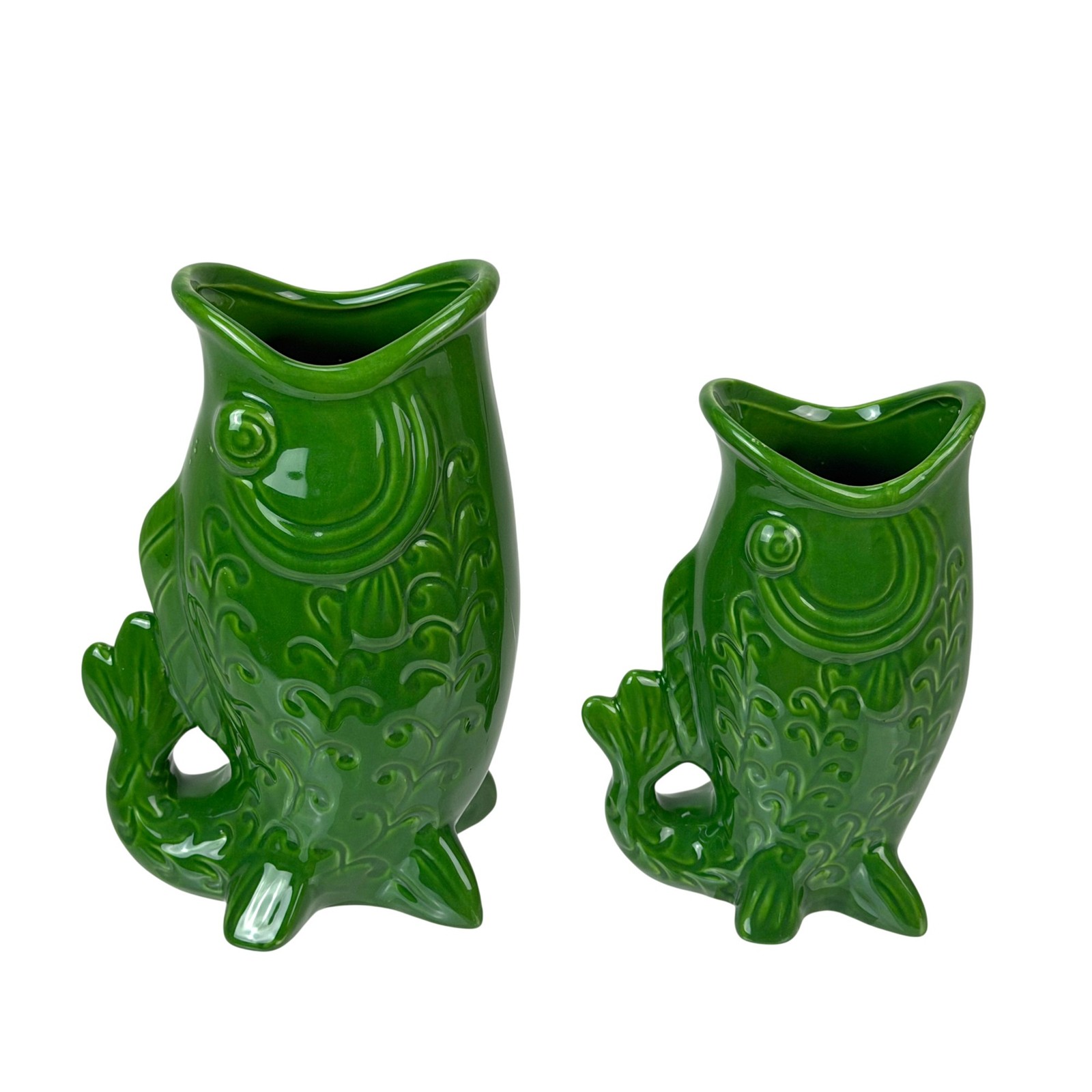 Zeckos Set of 2 Green Fish Vases Glossy Porcelain Coastal Bud Vase Decor