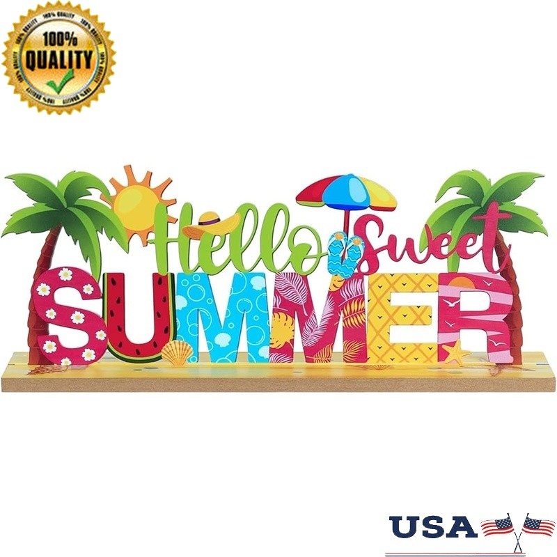 Hello Sweet Summer Decor Wooden Base Table Sign Tropical Beach Party Centerpiece