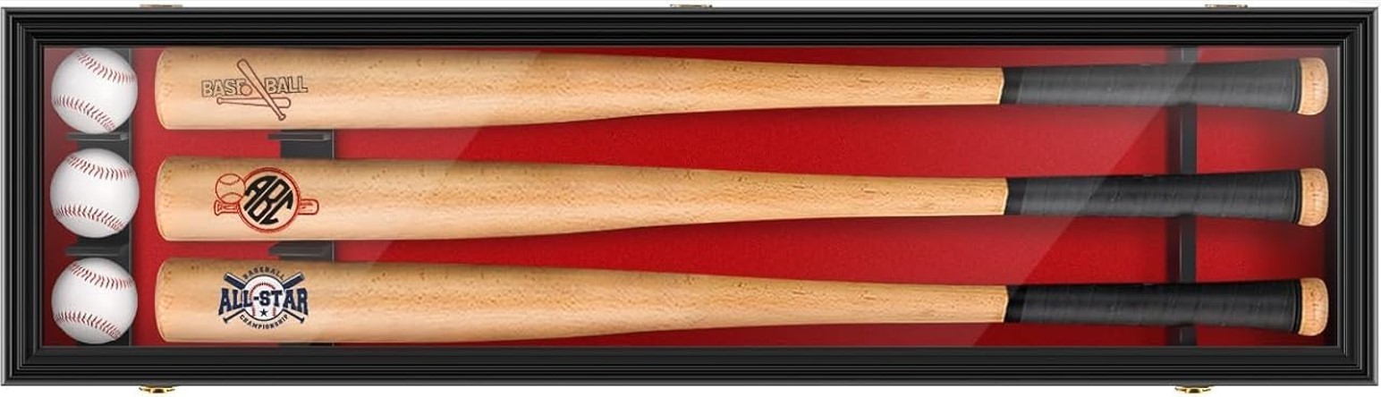 3 Baseball Bat Display Case Black & Red Wall Horizontal Wood Frame MLB Cabinet