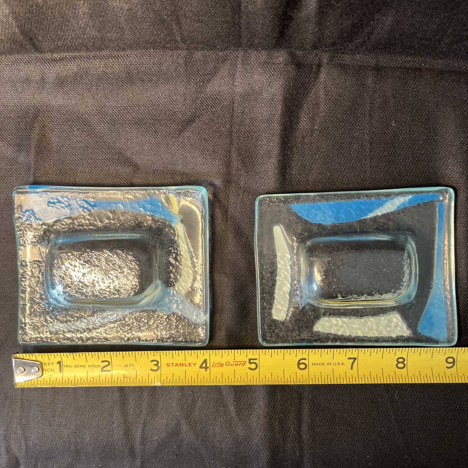 Pair of Fused Art Glass Trinket Dishes – Abstract Blue & White