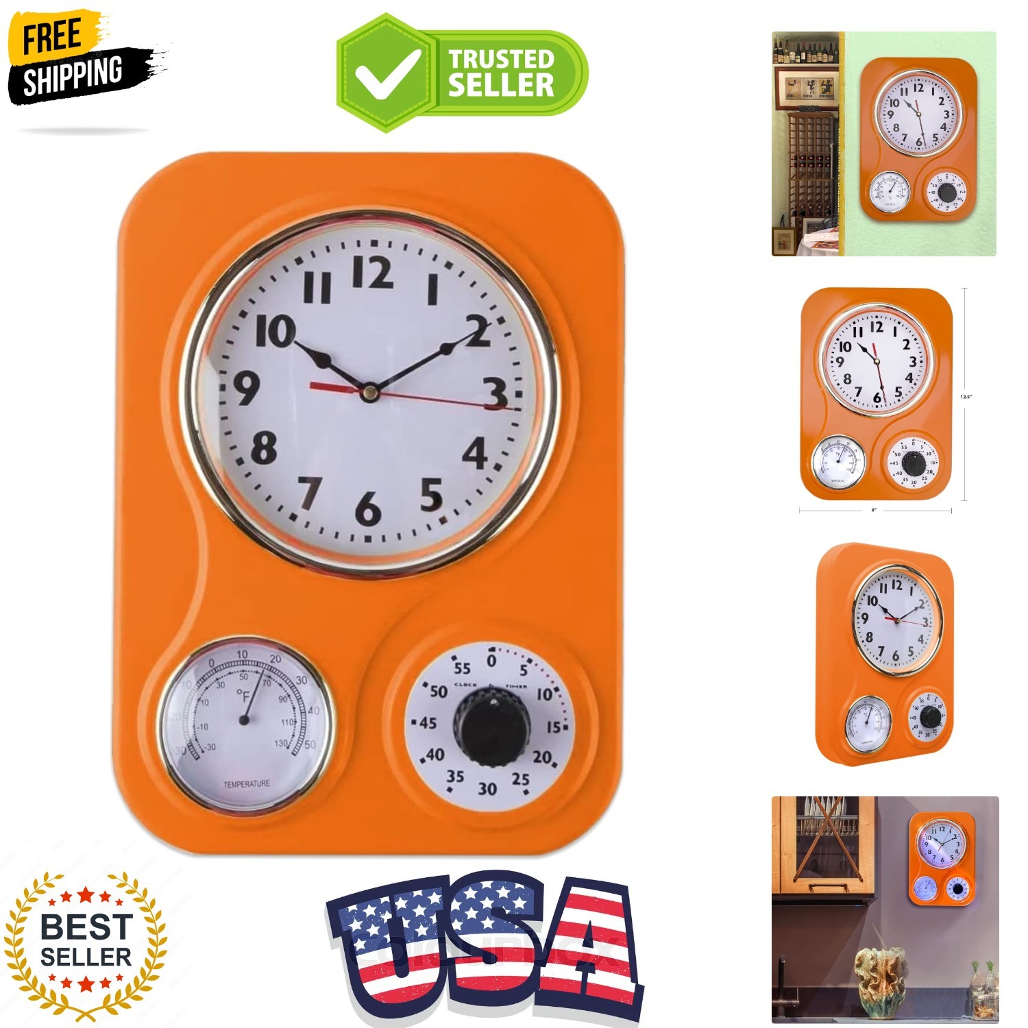 9.5 Inch x 12.5 Inch – Retro Kitchen Wall Clock, Vintage Wall Clock with a Th…