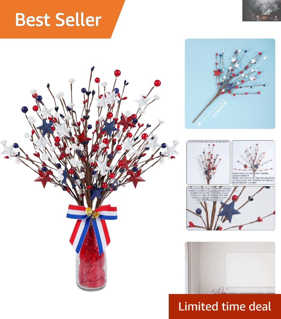 4 Pack Patriotic Artificial Berry Stem Picks – Festive Red, White & Blue Decor