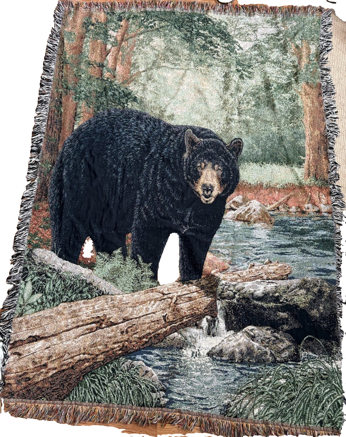 Black Bear Woods Stream Woven Cotton Tapestry Blanket Throw Cabin Rustic 68X48