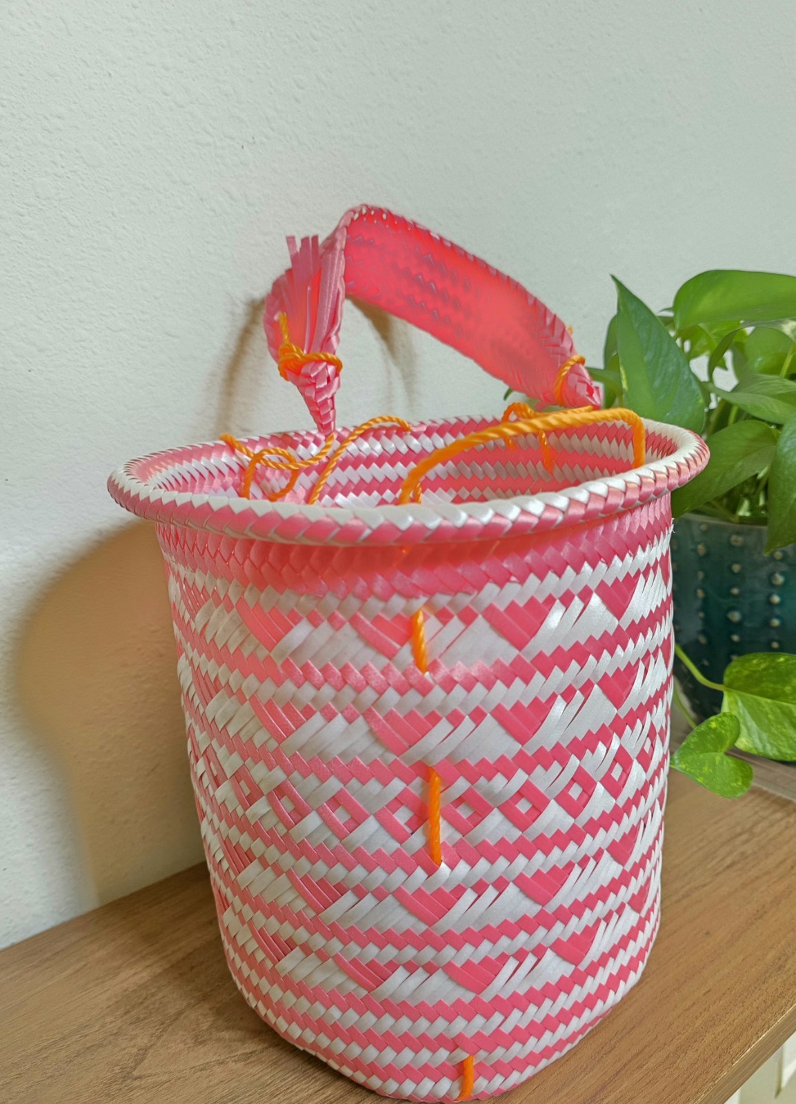 Pink & White Geometric Decorative Basket, Plastic Cylindrical Modern w/ Handle
