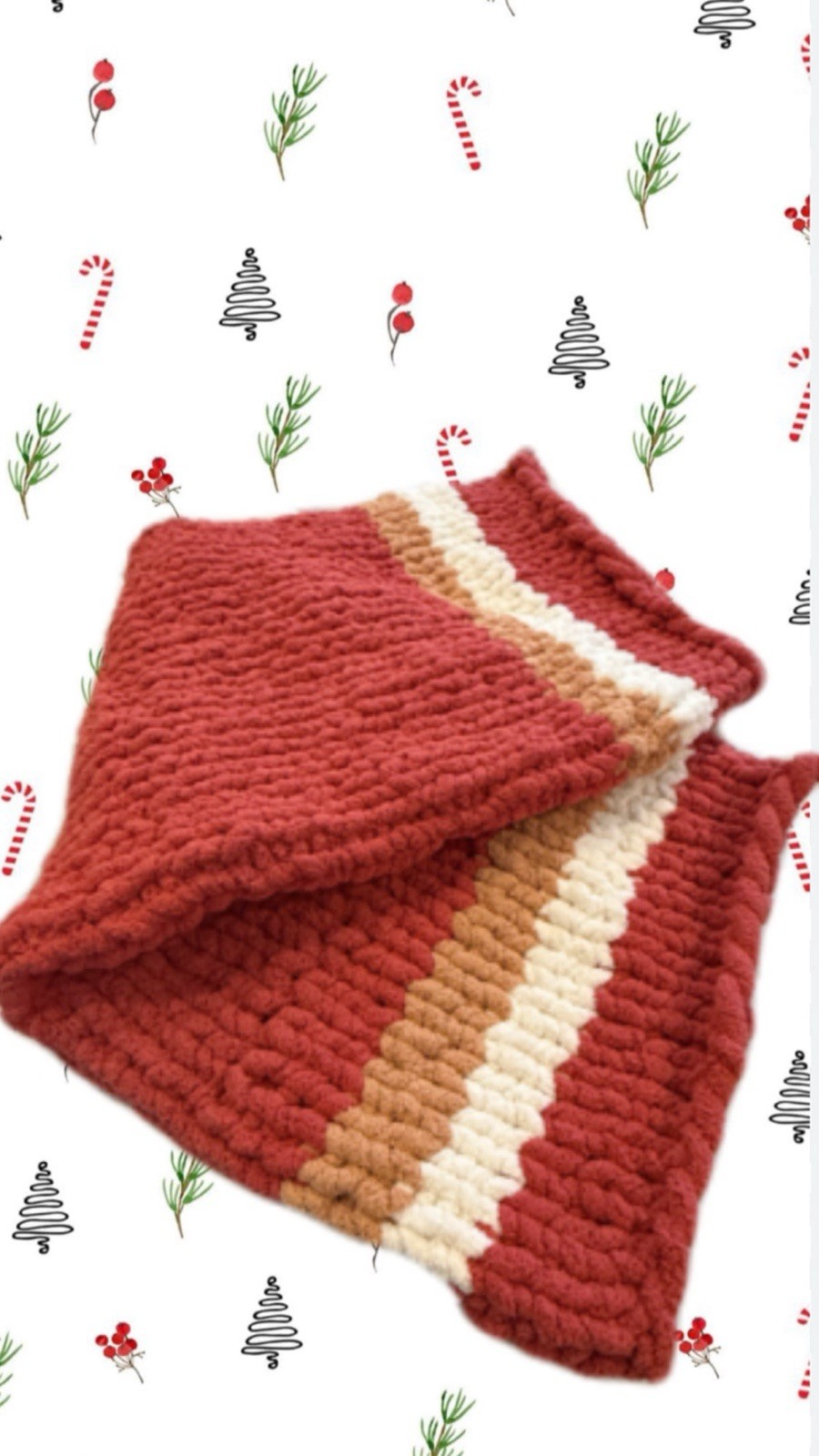 handmade Chunky Knit Blanket Red White And Tan! Perfect For Home Decor Or A Gift