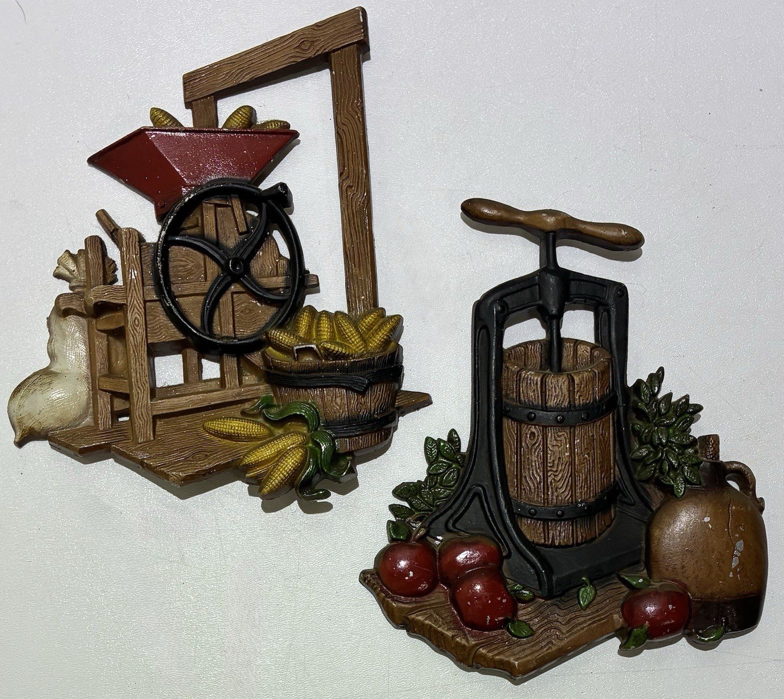 Vtg Two Homco USA 1978 cast metal 3D Country Kitchen Apple Press & Corn Machine