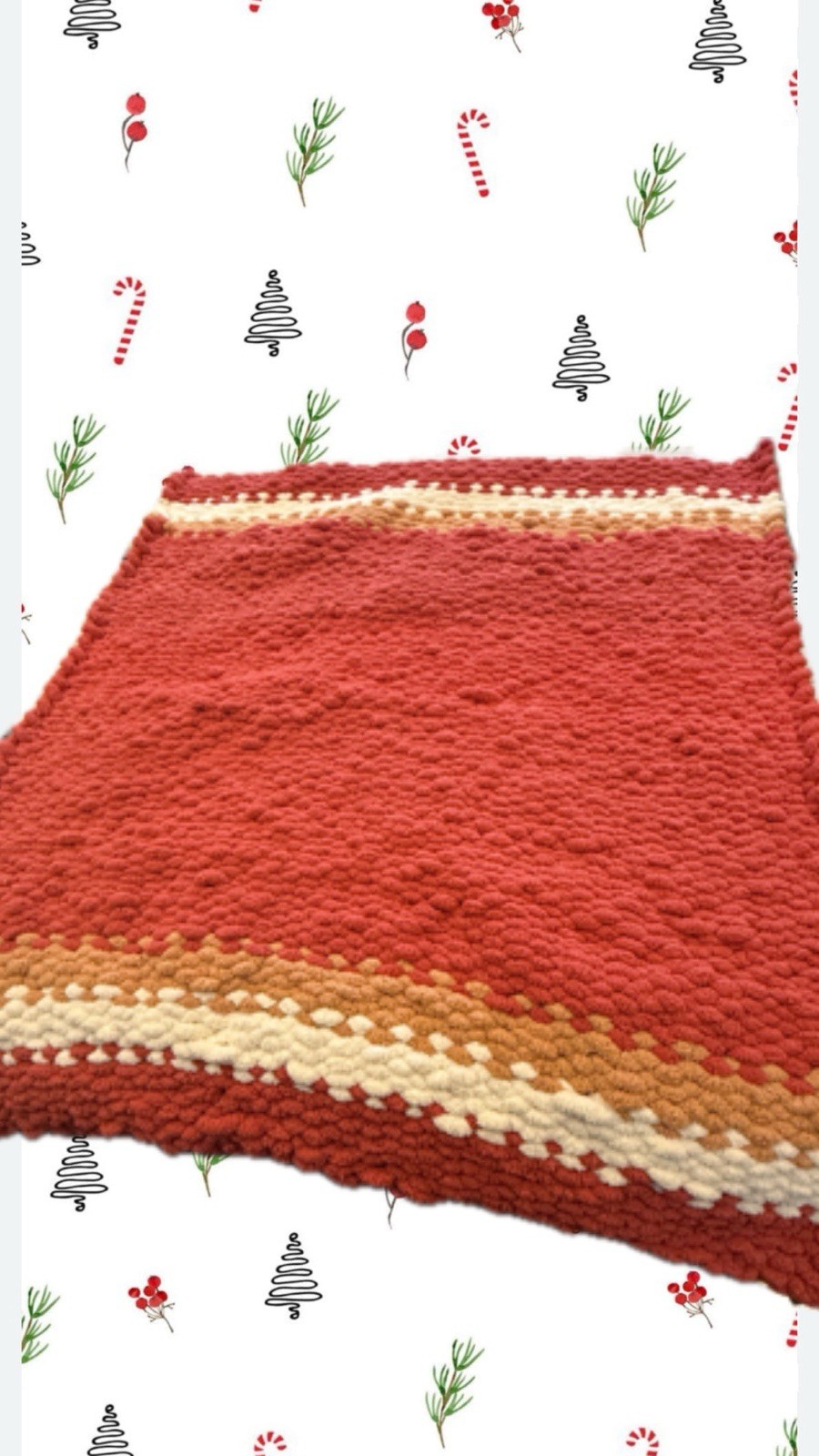 handmade Chunky Knit Blanket Red White And Tan! Perfect For Home Decor Or A Gift