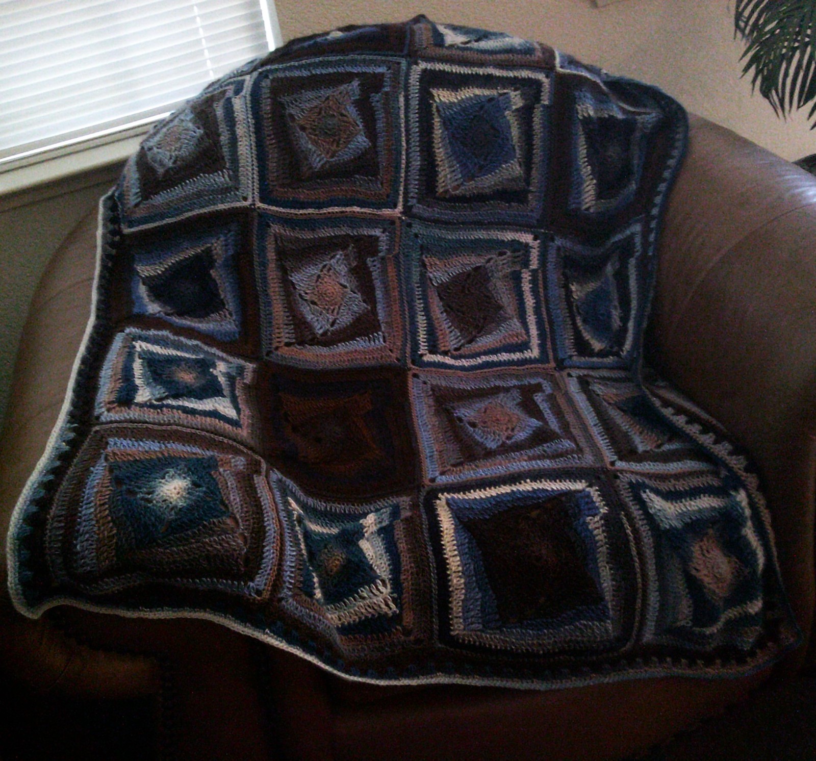 NEW HAND CROCHET BLUE BROWN MULTI COLOR SQUARES AFGHAN LAP BLANKET THROW