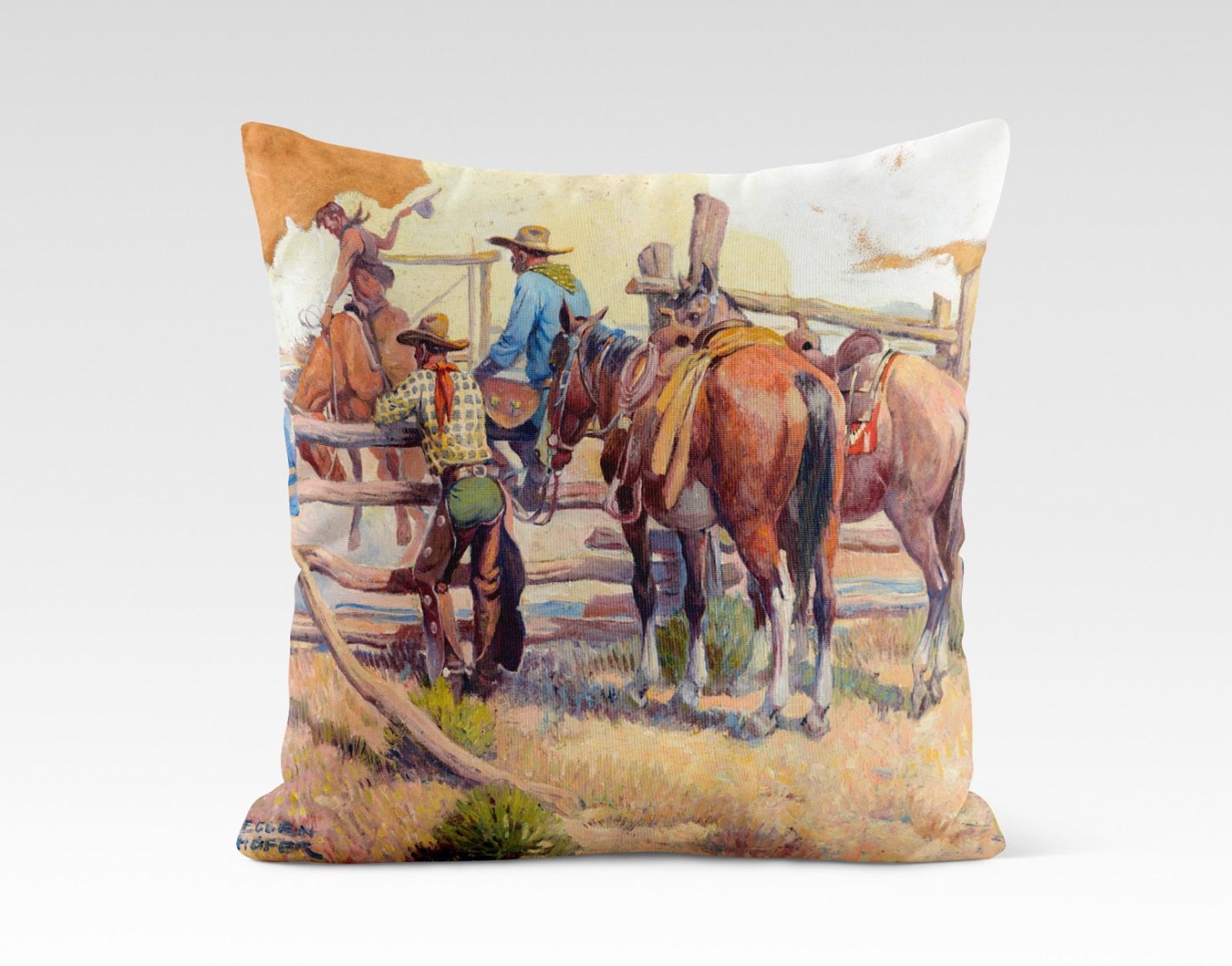 Stretched canvas art print giclée – poster – Pillow – Cowboy Breaking a Bronc
