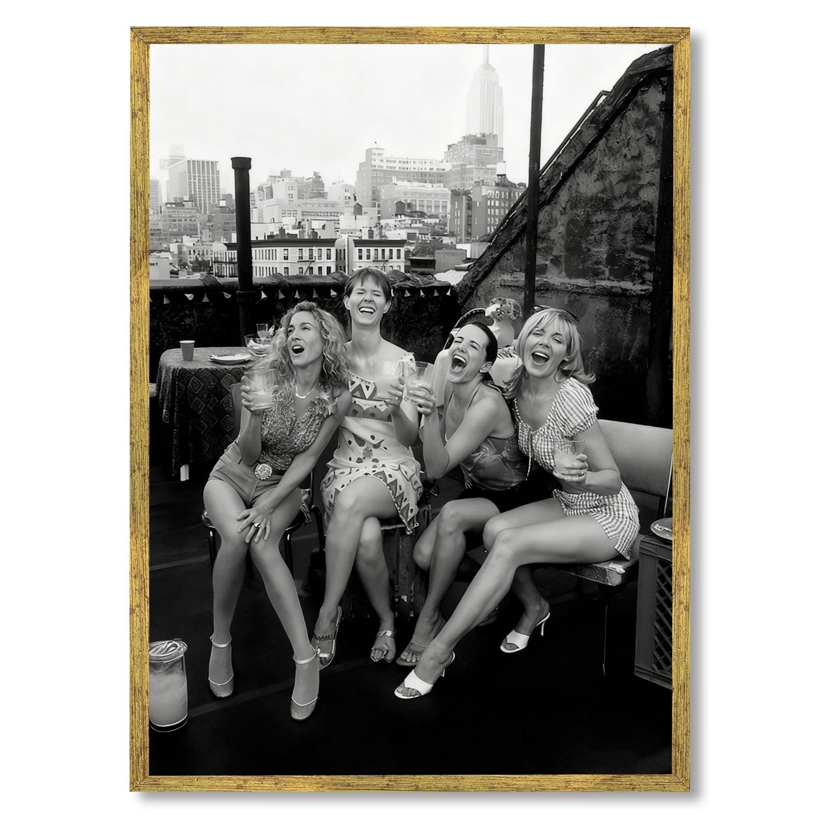 Gold Framed Black and White Canvas Wall Art Vintage New York Rooftop Woman Pa…