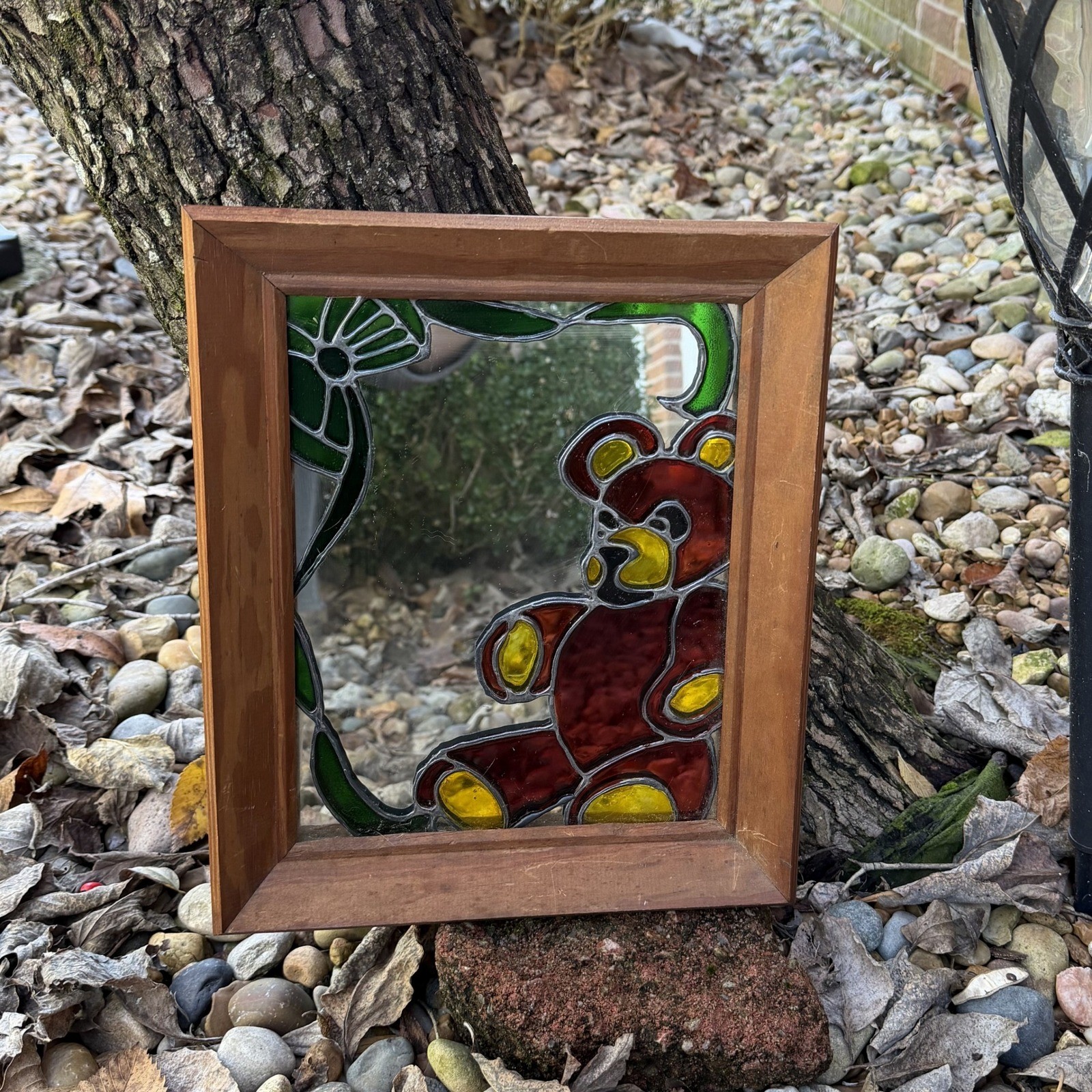 Charming VTG Stained Glass Teddy Bear Mirror Wooden Frame Wall Decor Art Baby