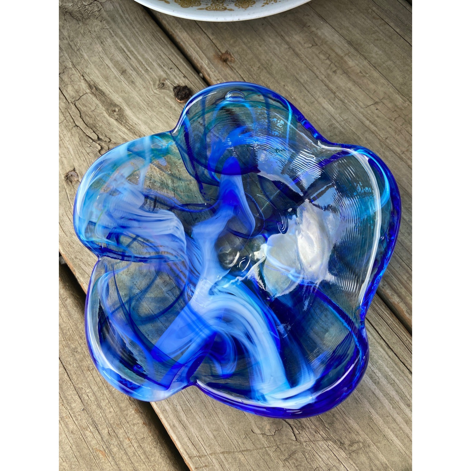 Blue Hand Blown Art Glass Flower Bowl Cobalt Swirl Trinket Dish 6 Inch