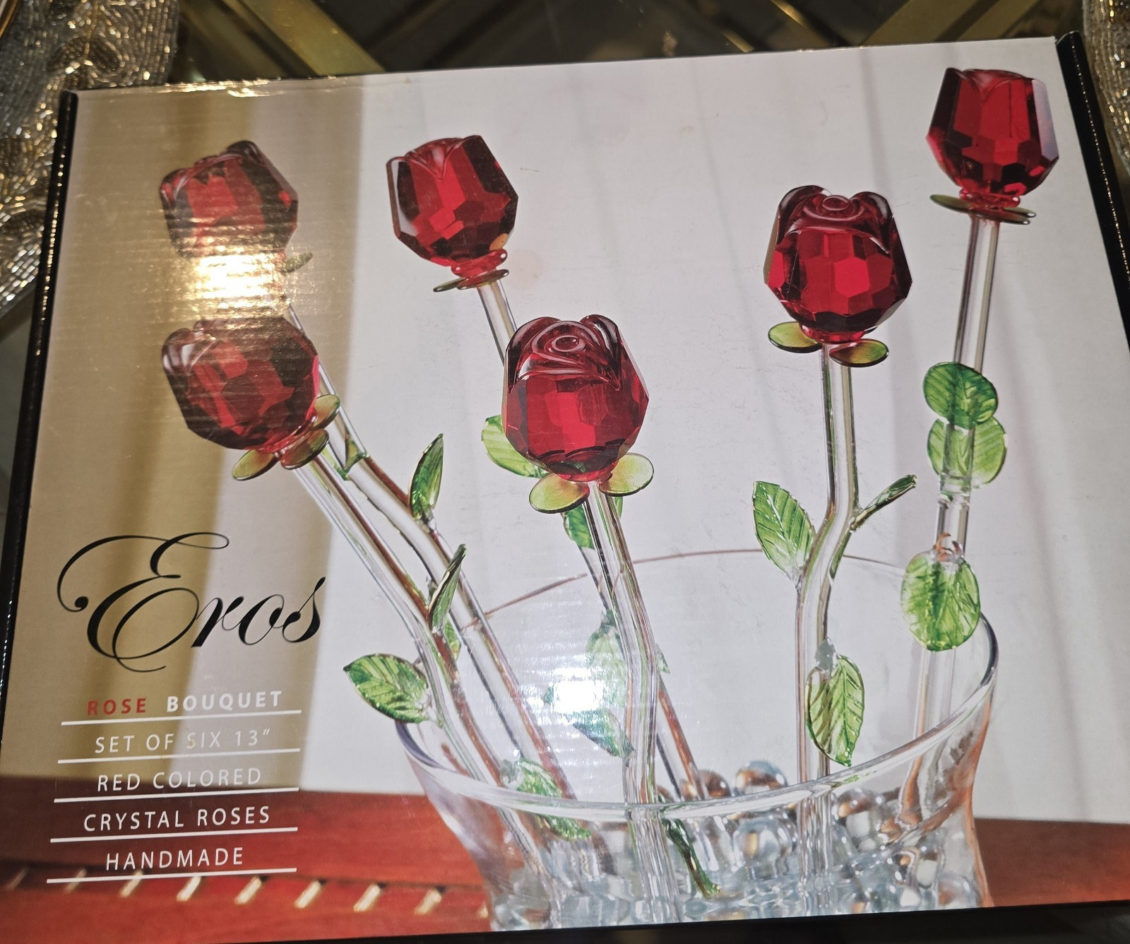 Eros Handmade Crystal Glass Rose Bouquet Set of 6, 13 in, Red