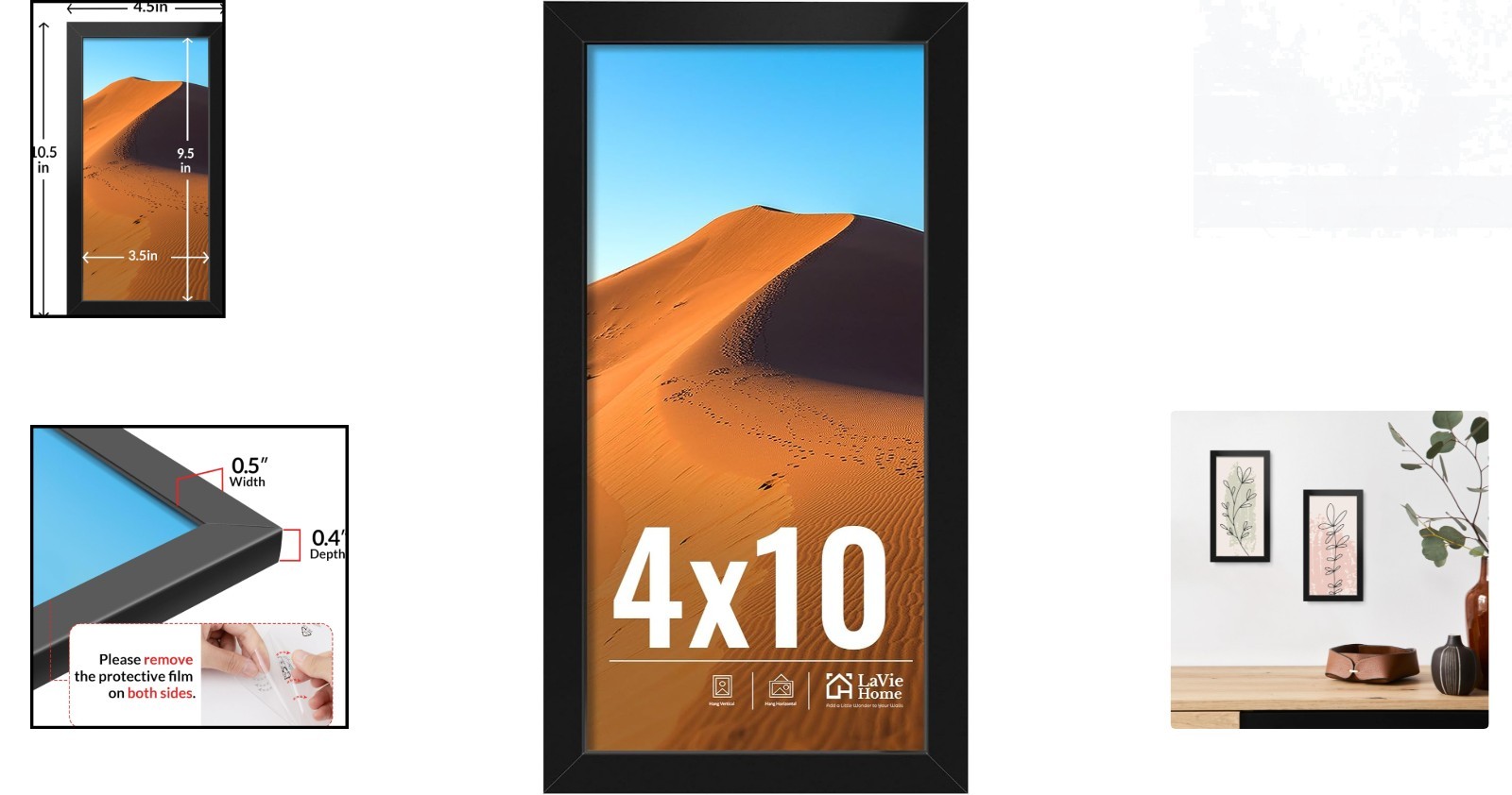 Versatile 4×10 Matte Black Picture Frame for Vertical or Horizontal Display