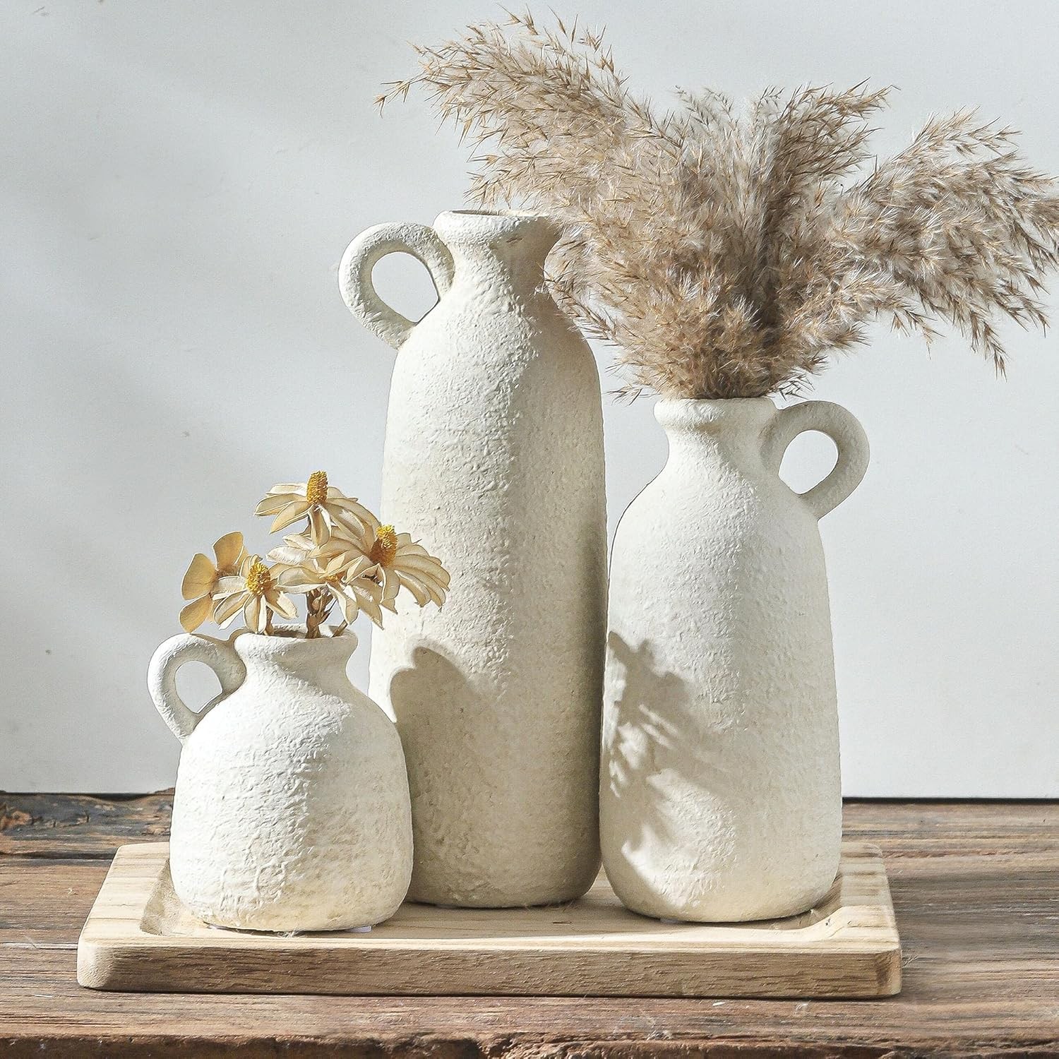 Vase Set of 3 with Handle, Neutral Rustic Vases Home Decor Farmhouse