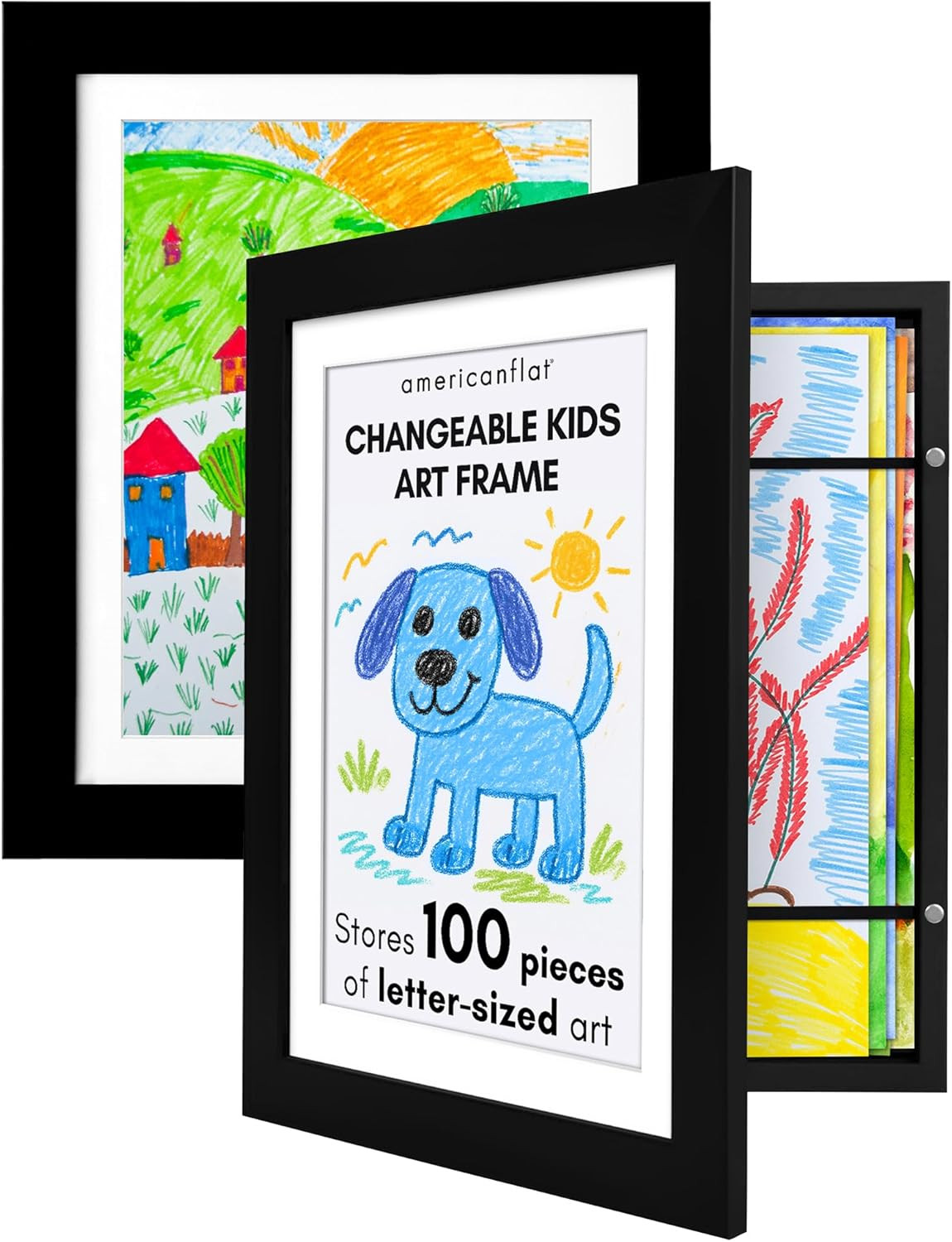 – 2 Pack – Kids Artwork Frame Changeable (Black) – Magnetic Door Holds 100 Art P