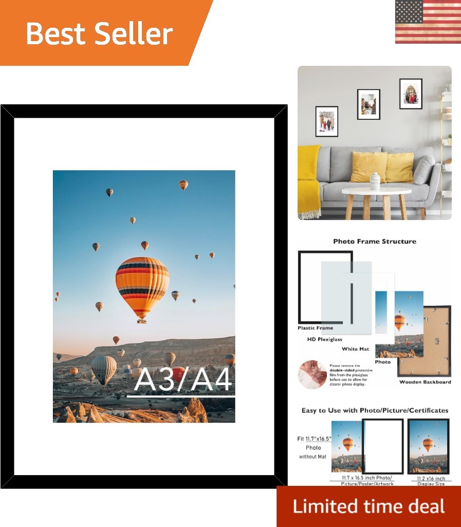 Modern Rectangular Black Picture Frame – A3 11.7×16.5 with Safe Plexiglass