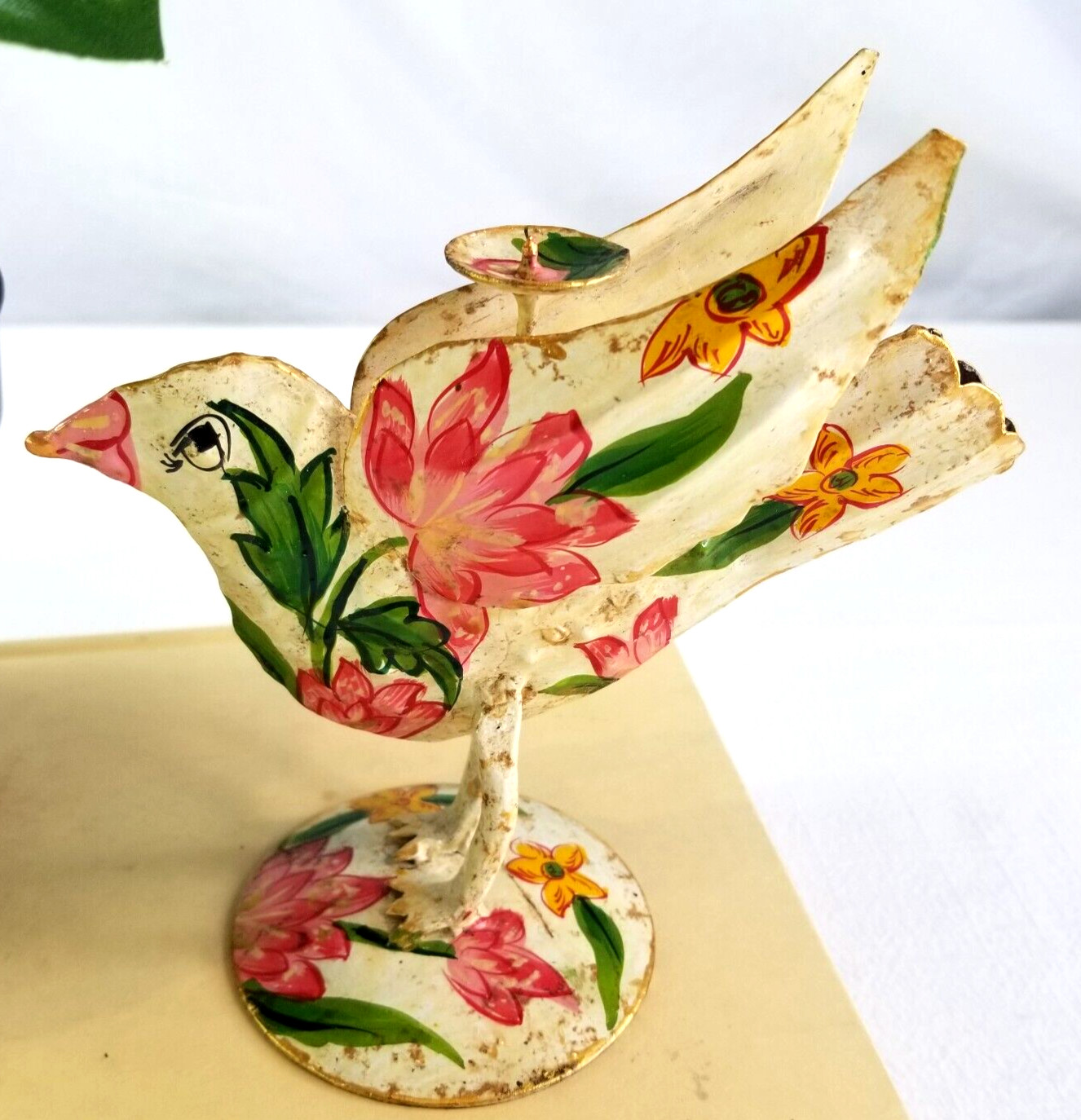 Painted Metal Bird Figurine Folk Art Primitive Candle Holder 5&Prime;