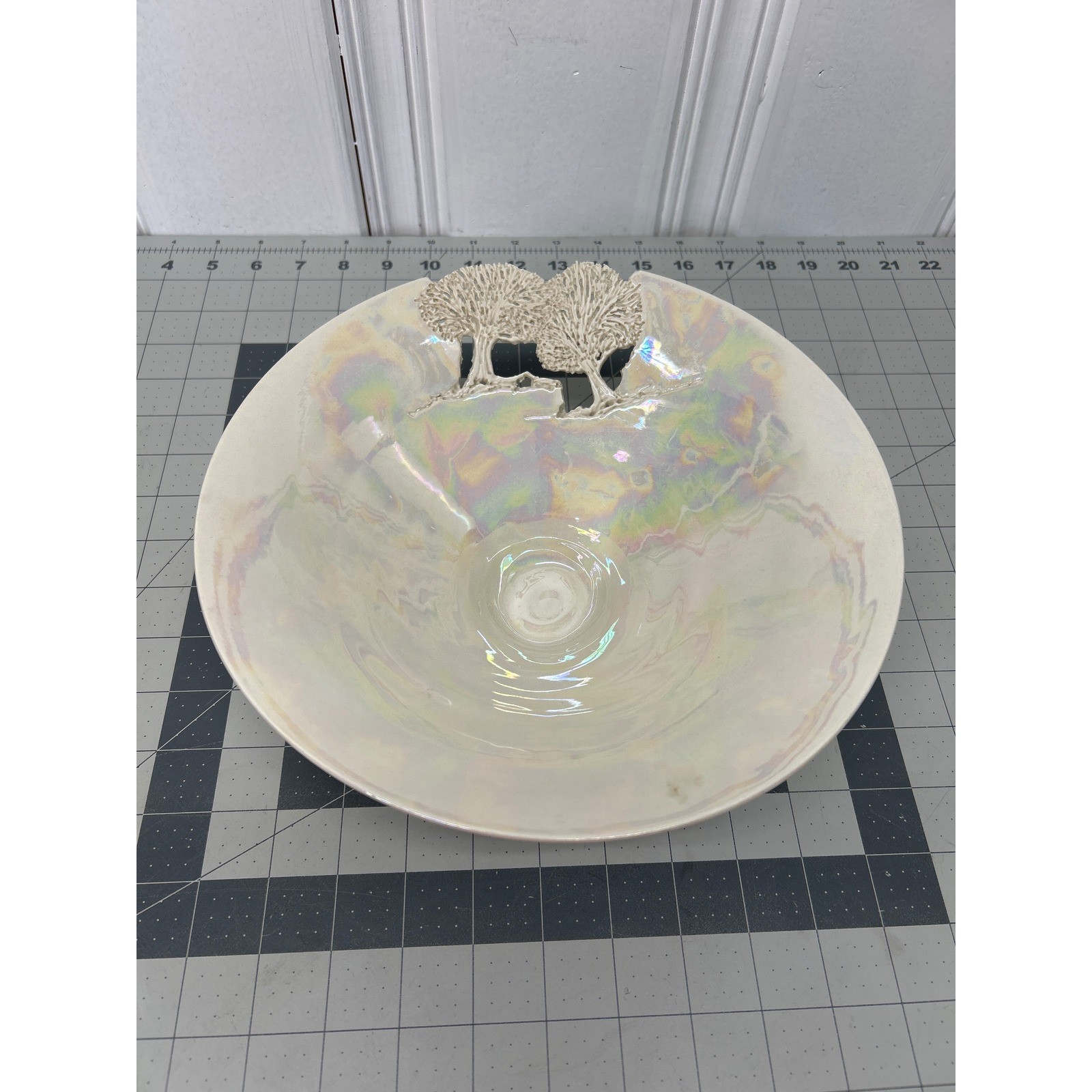 Studio Pottery Pedestal Bowl Iridescent White Carved Tree Signed Art Nouveau
