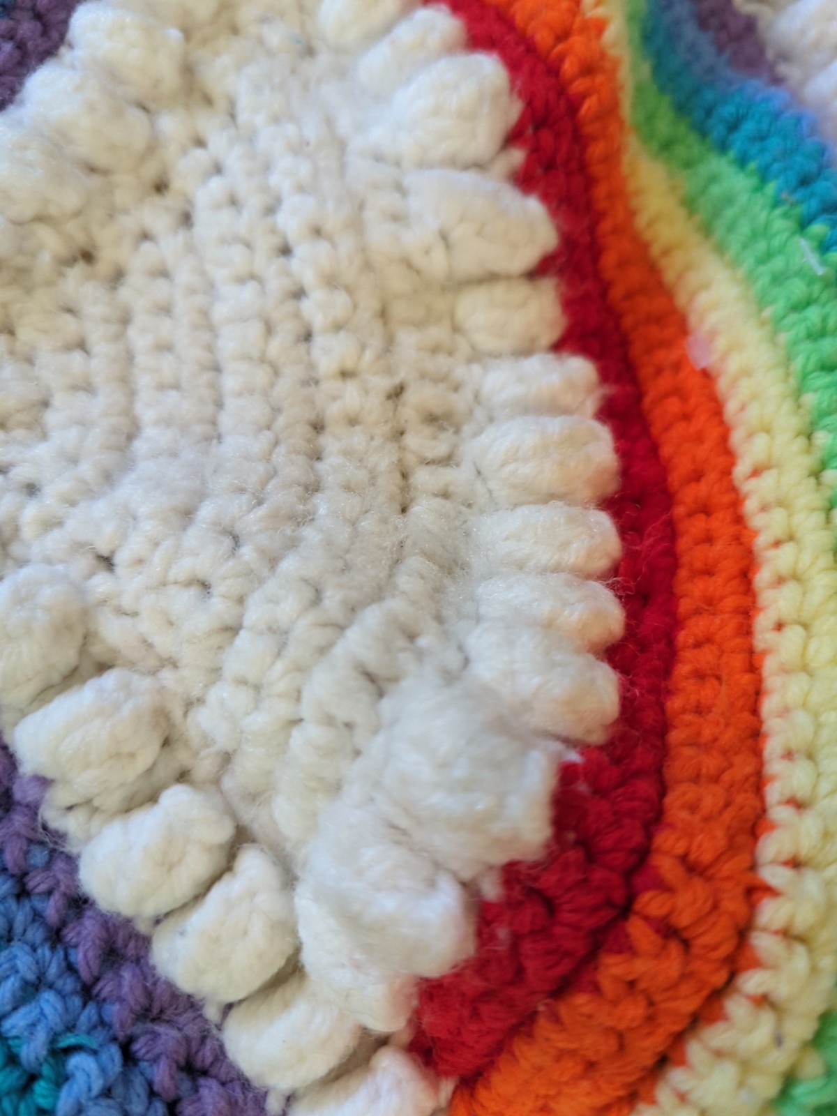 Vtg Handmade Rainbow and Clouds Crocheted Afghan Scalloped Blanket – 43×50