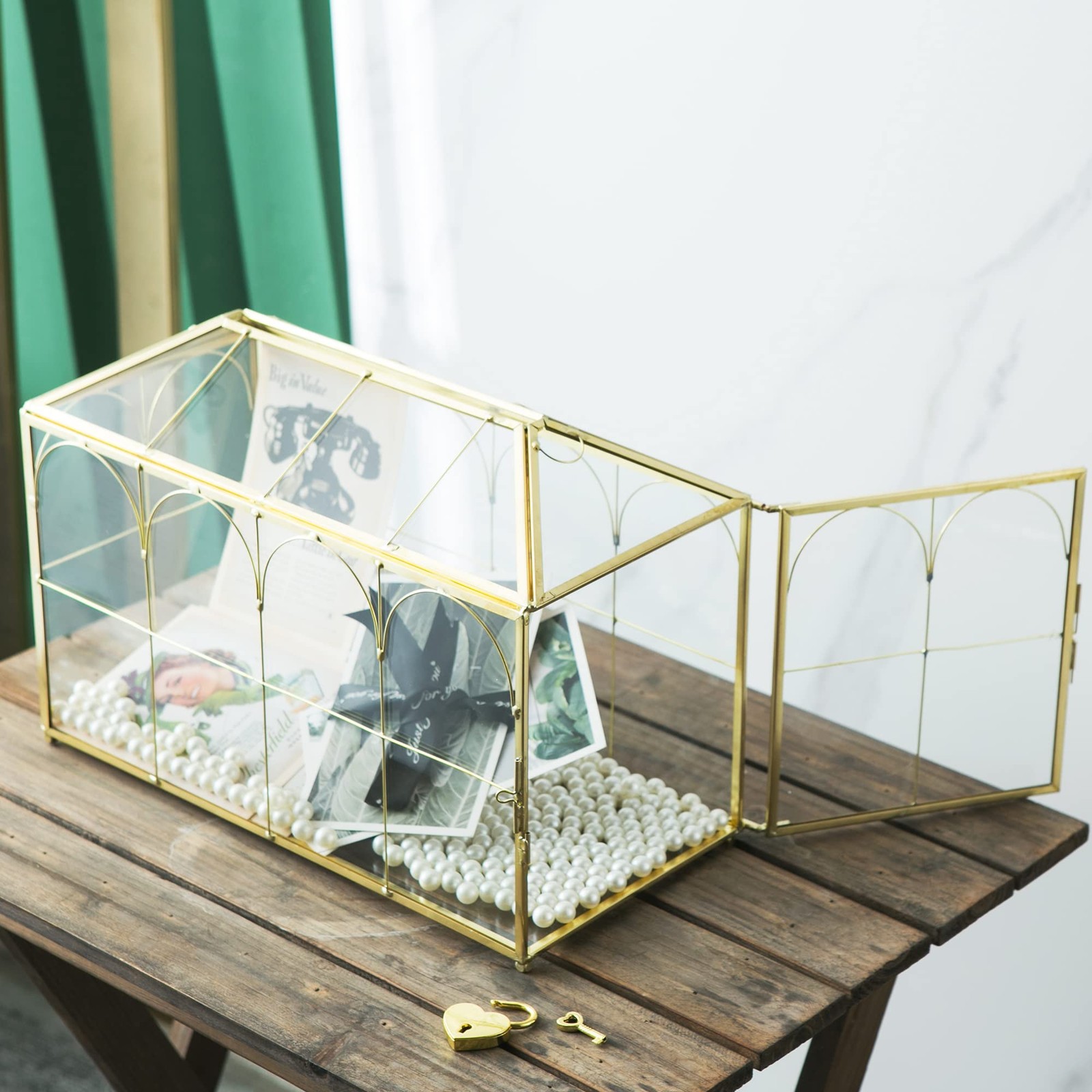 Giadun 12.6in Large Clear Glass Wedding Card Box w/ Slot Gold Brass & Lock
