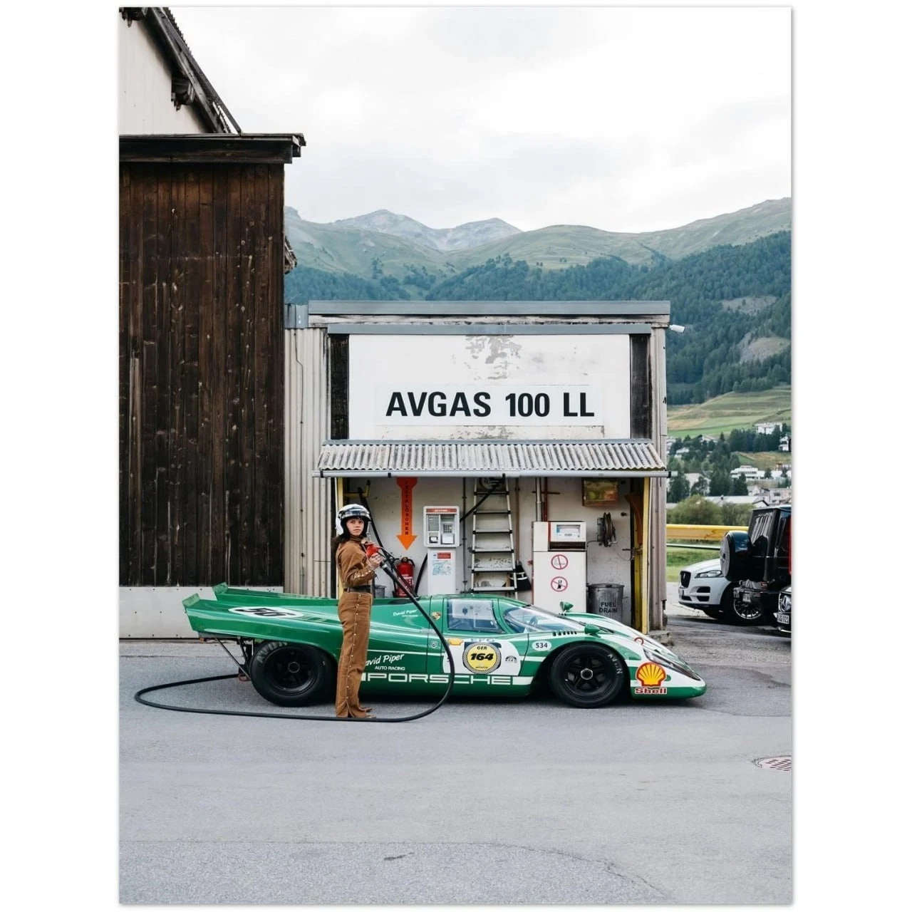 Vintage Porsche Race Car Fuel Station Classic Motorsport Photo Poster – Unframed