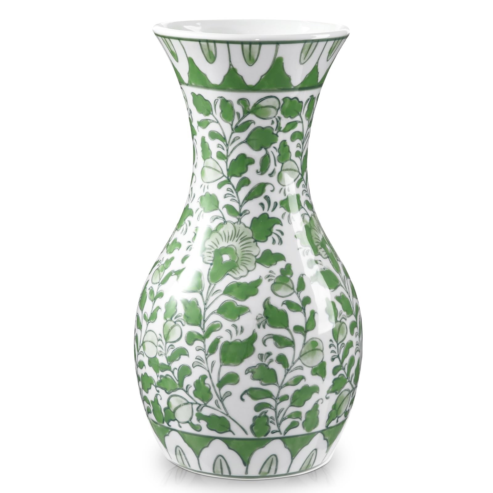 Green and White Ceramic Vase, 11&Prime; Tall Chinoiserie Vase in Wide Mouth, Vintag…