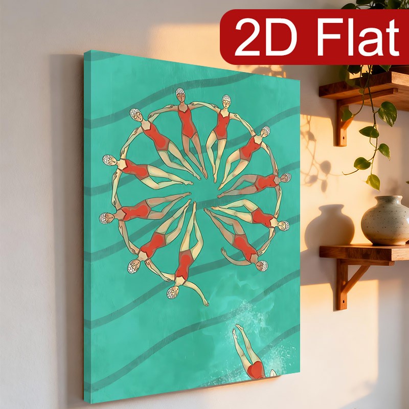 Synchronized Swimmers Red and Teal Canvas Wall Art, Art Deco Inspired Home Decor