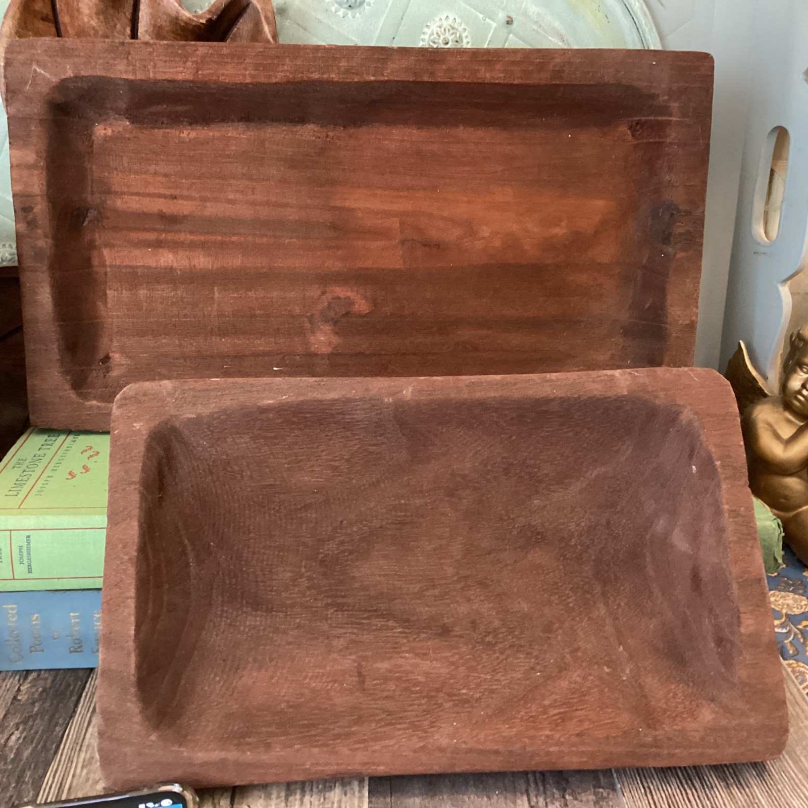 16” &12” For Decor Wooden Dough Bowl Rustic Centerpiece Tray Primitive Farmhouse