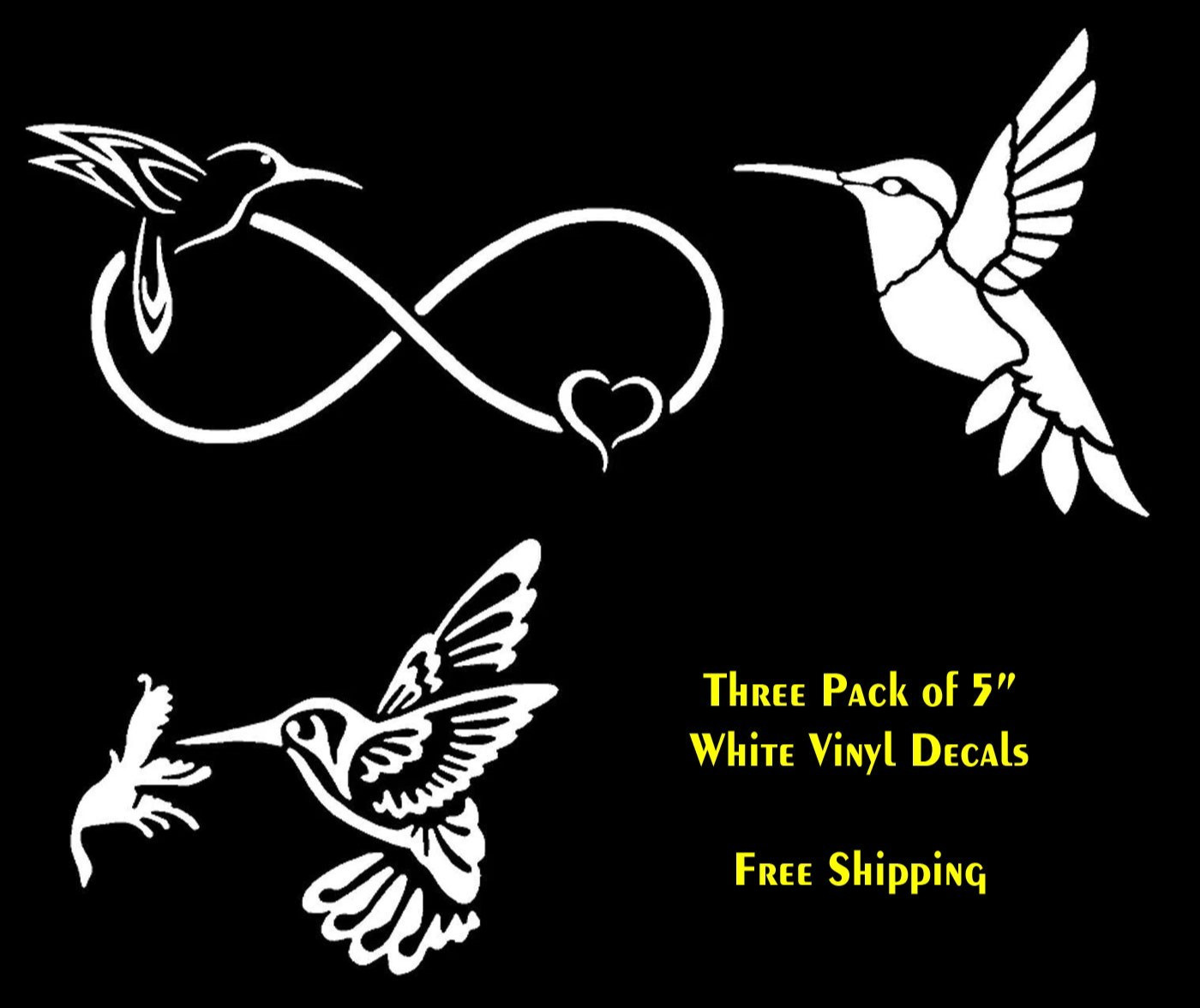 Hummingbirds 3 Pack 5&Prime; White Vinyl Decals Car Truck Window Laptop Notebook