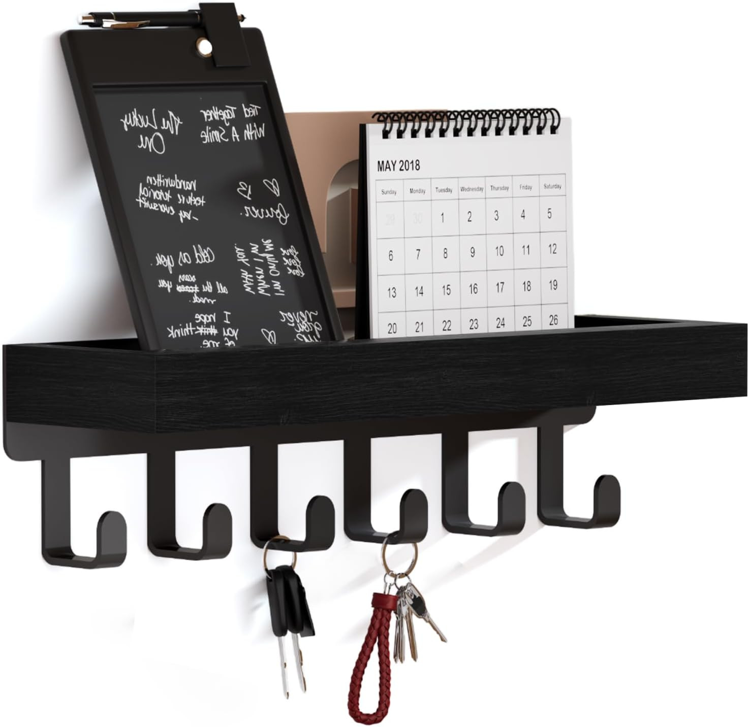 Key Holder Wall Mount – Wooden Key Hooks for Wall with Mail Organizer & 6 Hooks,