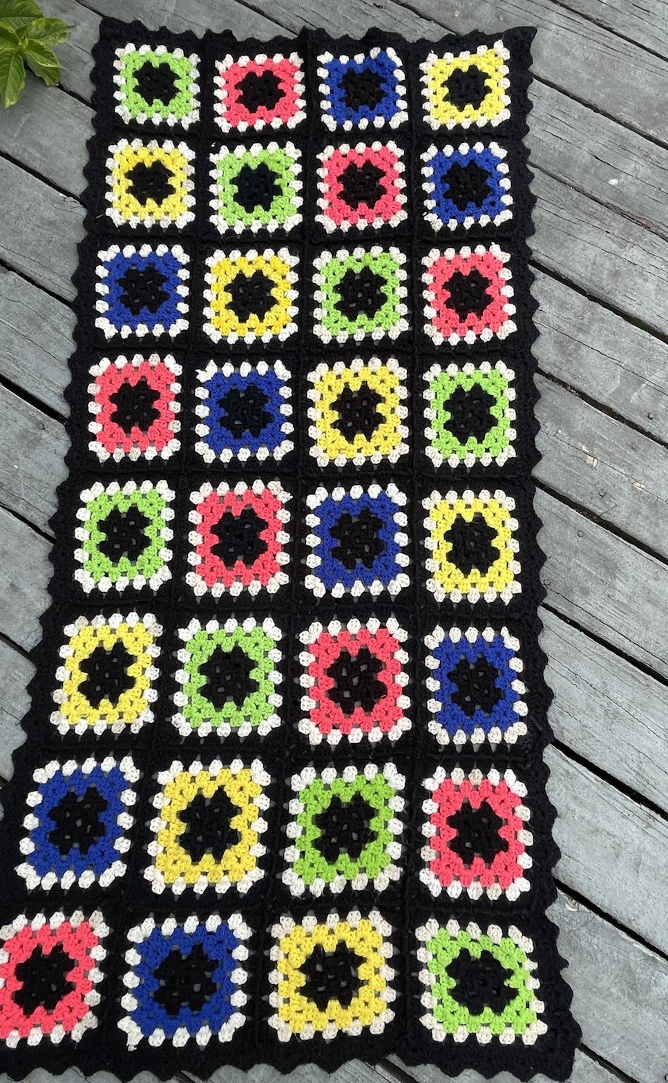 Vtg Granny Square Afghan THROW Black Boarder Colorful Squares Handmade 29”x60”